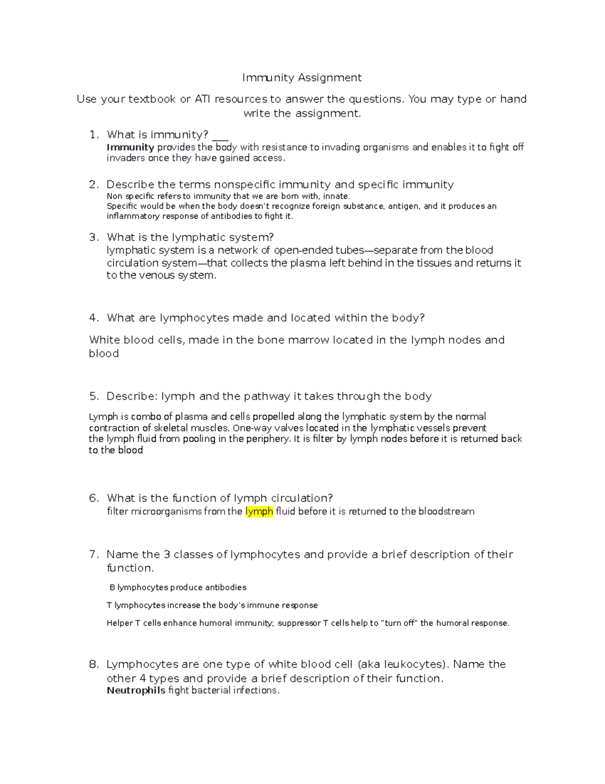 Immunity Assignment - You may type or hand write the assignment. 1 ...