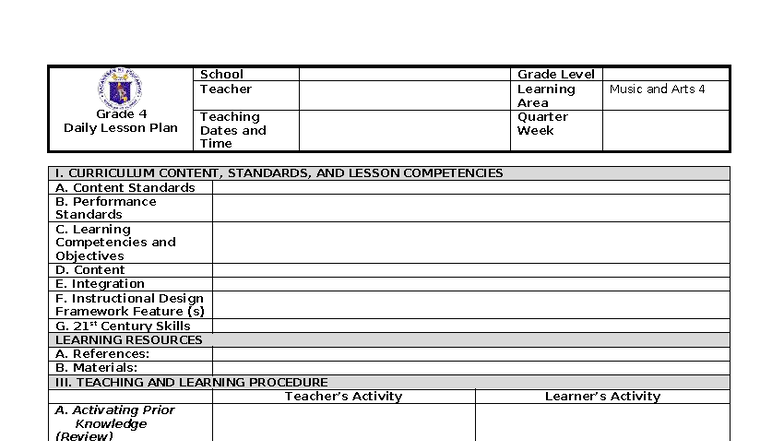 Grade 4 DLL - Daily Lesson Plan for Music and Arts - Studocu