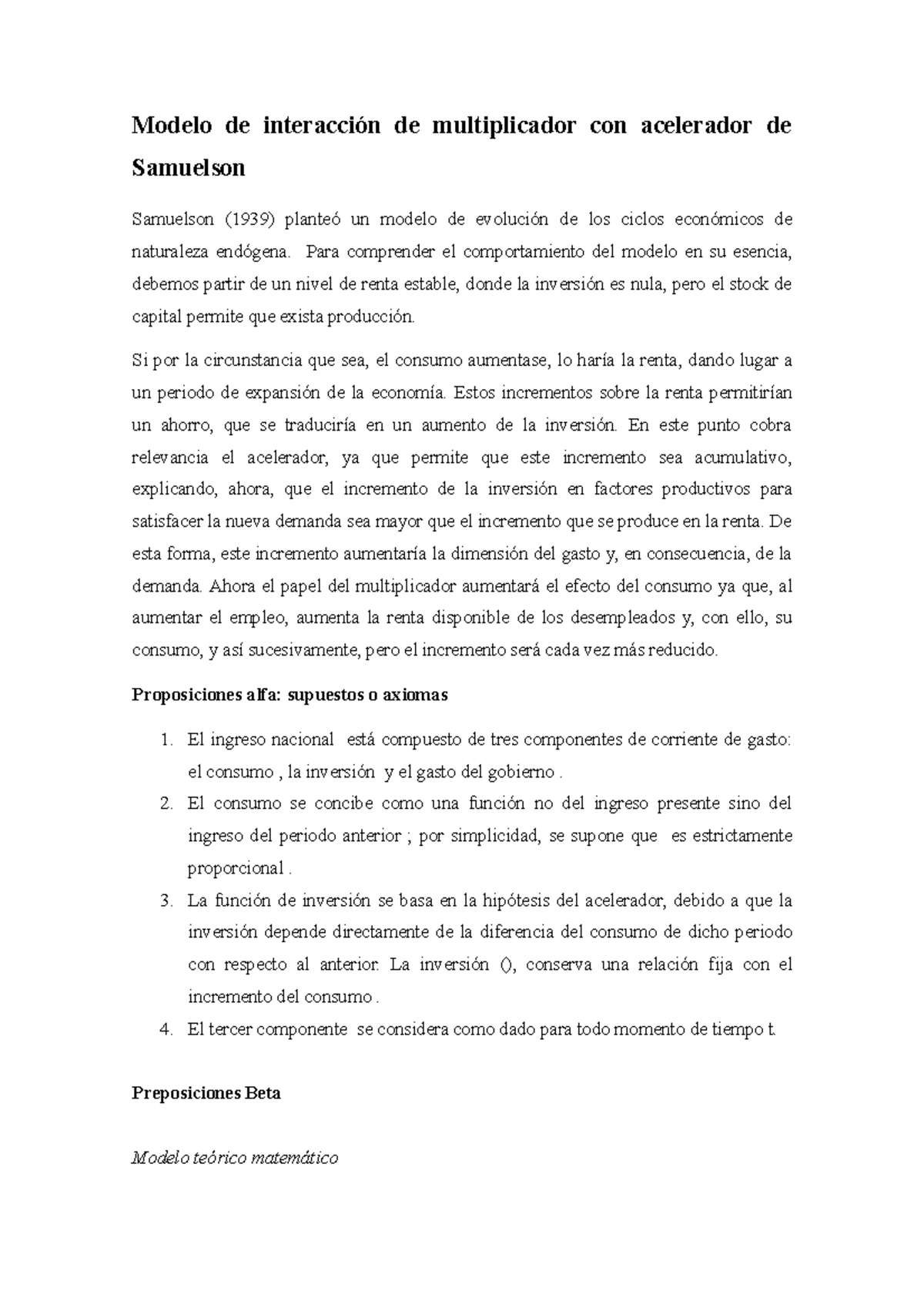 Modelo de Samuelson sobre Multiplier y Accelerator (Ascascas) - Studocu