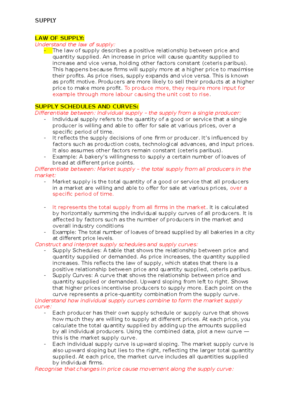 Supply Notes: Understanding the Law of Supply and Market Dynamics - Studocu