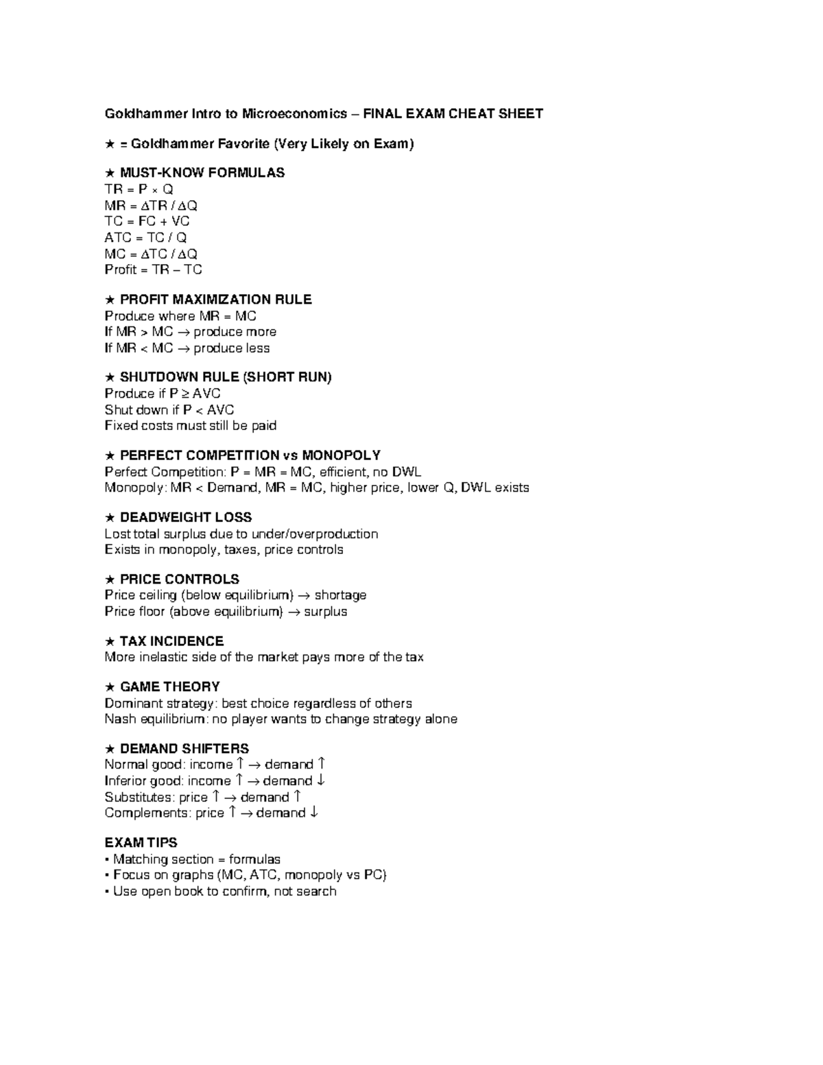 Goldhammer Microeconomics FINAL EXAM Cheat Sheet & Key Formulas - Studocu