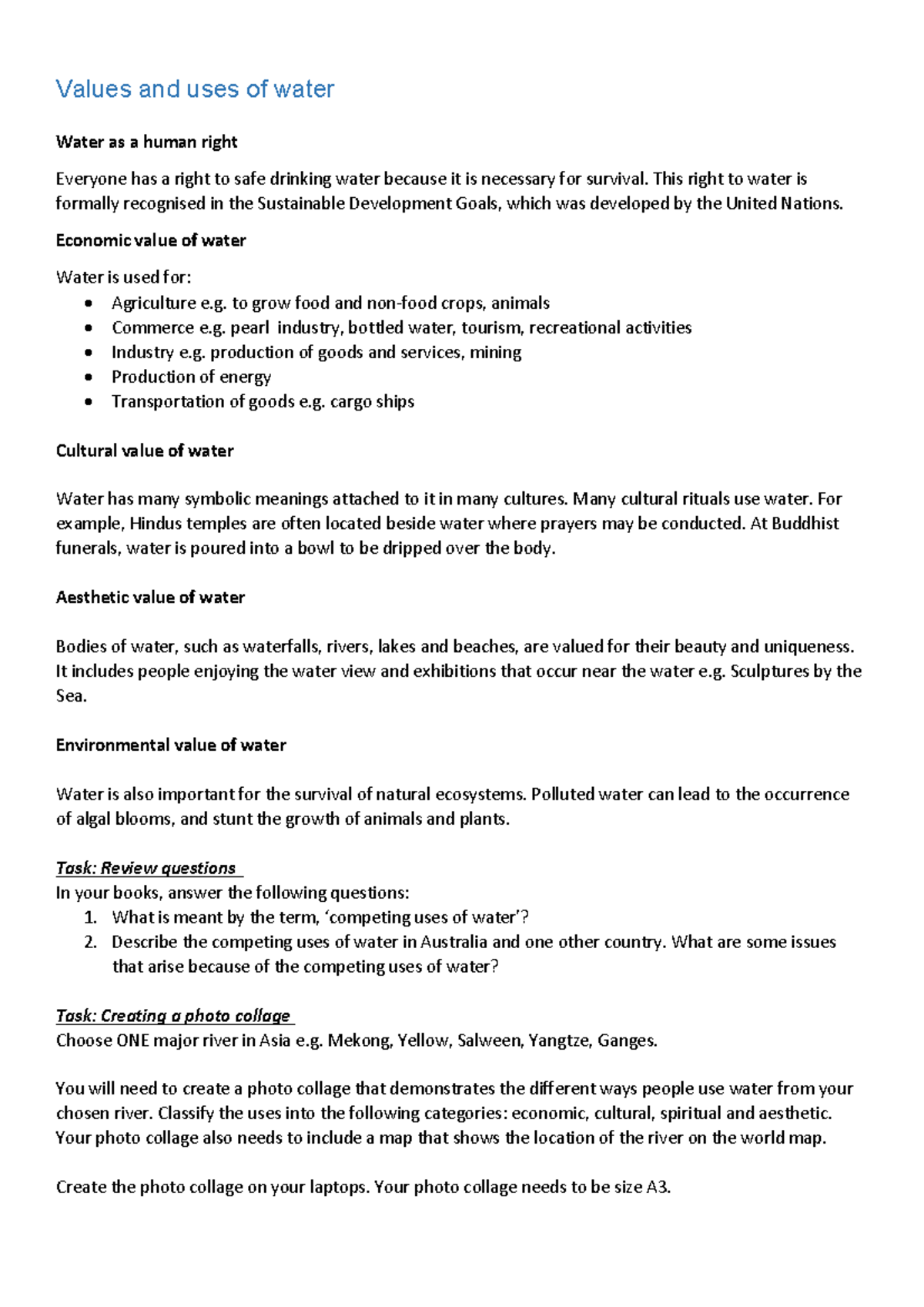 Value and Uses of Water - Worksheet (Final Exam) - Studocu