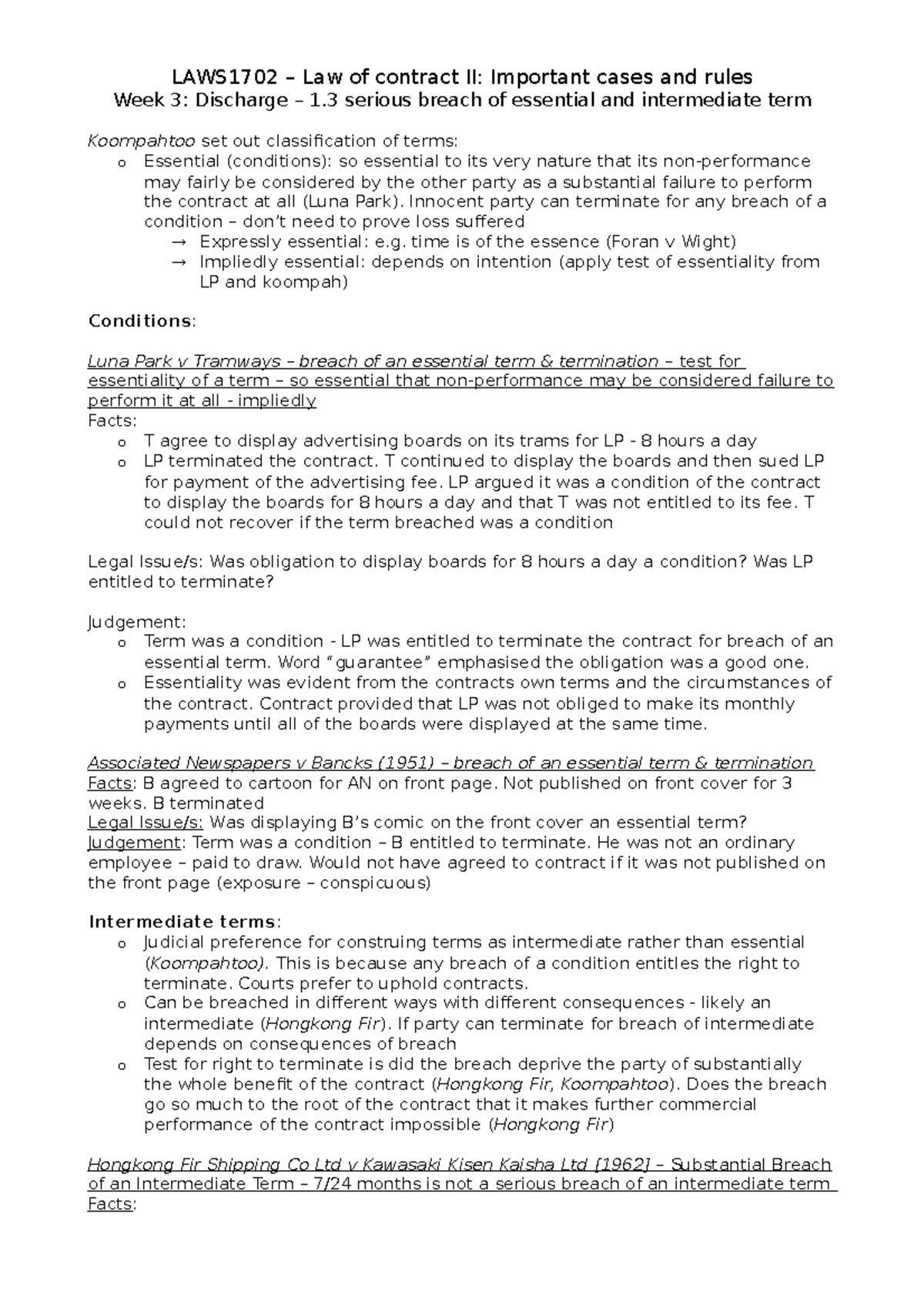 Contracts II important cases: rules - W3 - LAWS1702 – Law of contract ...