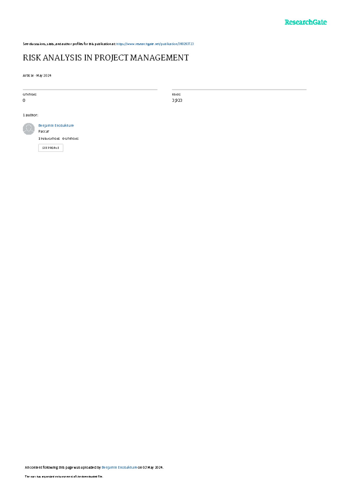 Risk Analysisin Project Managementby Benjamin Enobakhare - See ...