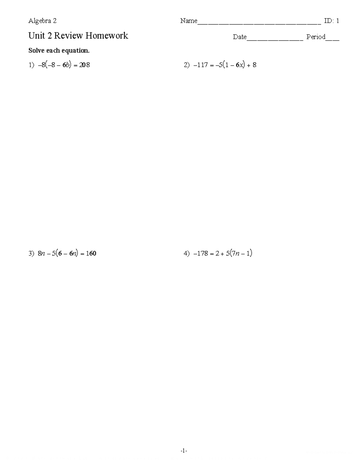 Algebra 2 ID: 1 Unit 2 Review Homework Solutions - Studocu
