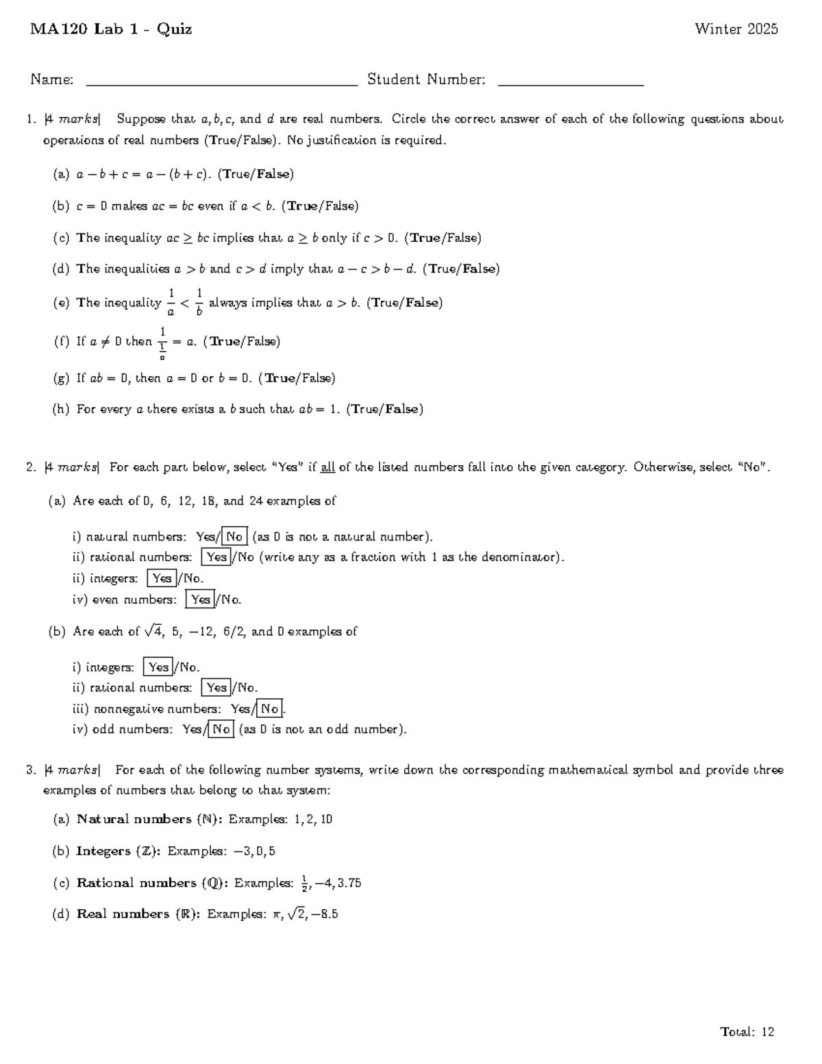 MA120 Quiz 1 Solutions - quiz solution - MA120 Lab 1 - Quiz Winter 2025 ...