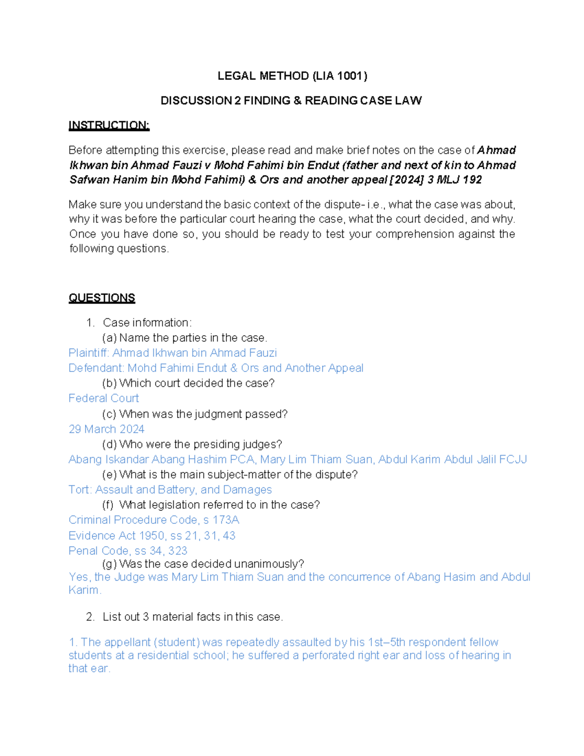 LEGAL METHOD (LIA 1001) DISCUSSION 2: CASE LAW ANALYSIS - Studocu