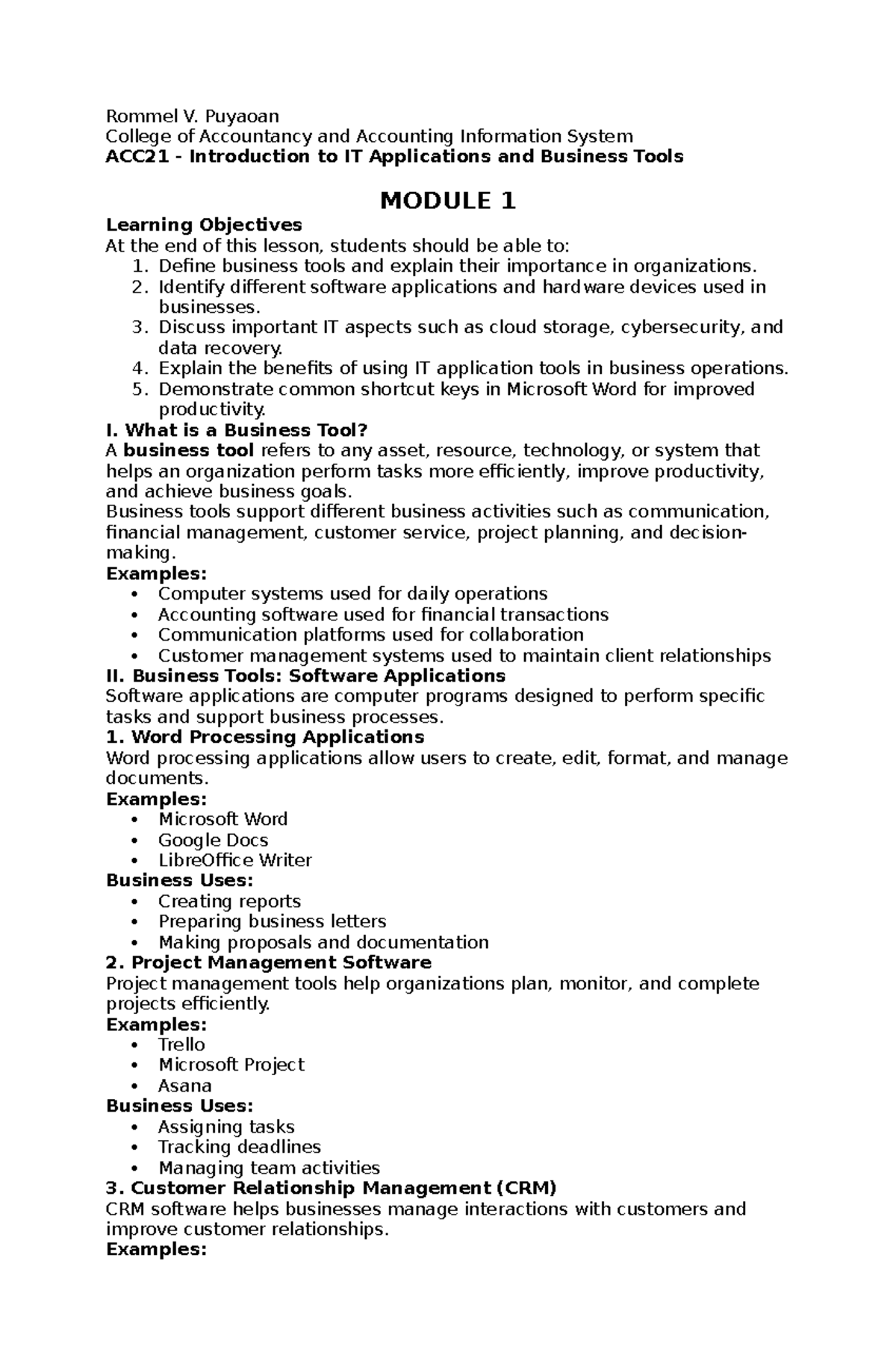 ACC21 Module 1: Introduction to IT Applications & Business Tools - Studocu