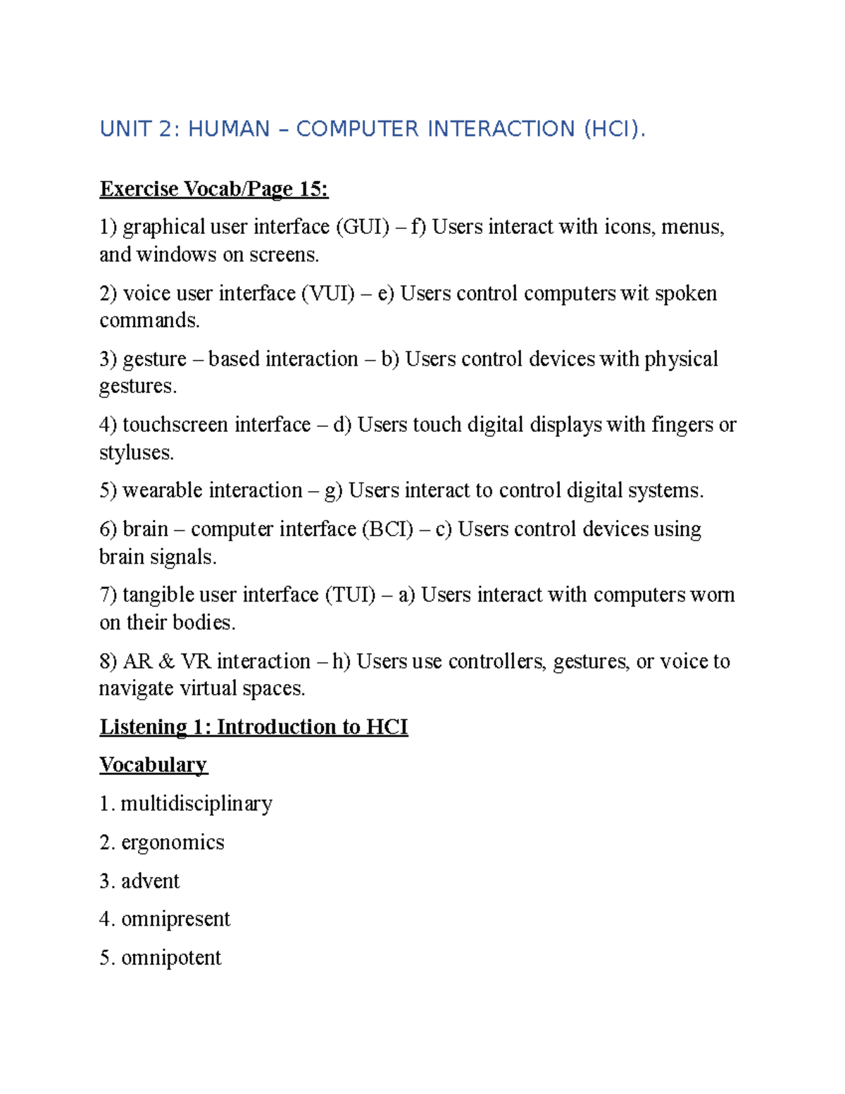 UNIT 2 - HCI Listening Notes and Vocabulary Review - Studocu