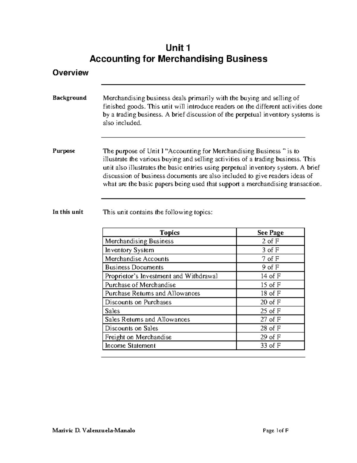 Accounting for Merchandising Business (ACCT 101) - Unit 1 Overview ...