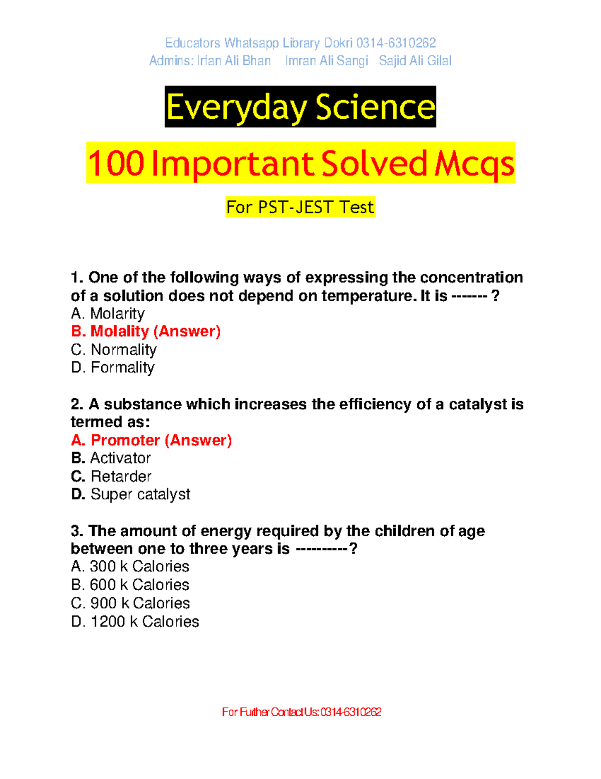 Everyday Science 100 Important Solved MCQs for Test 1 - Studocu