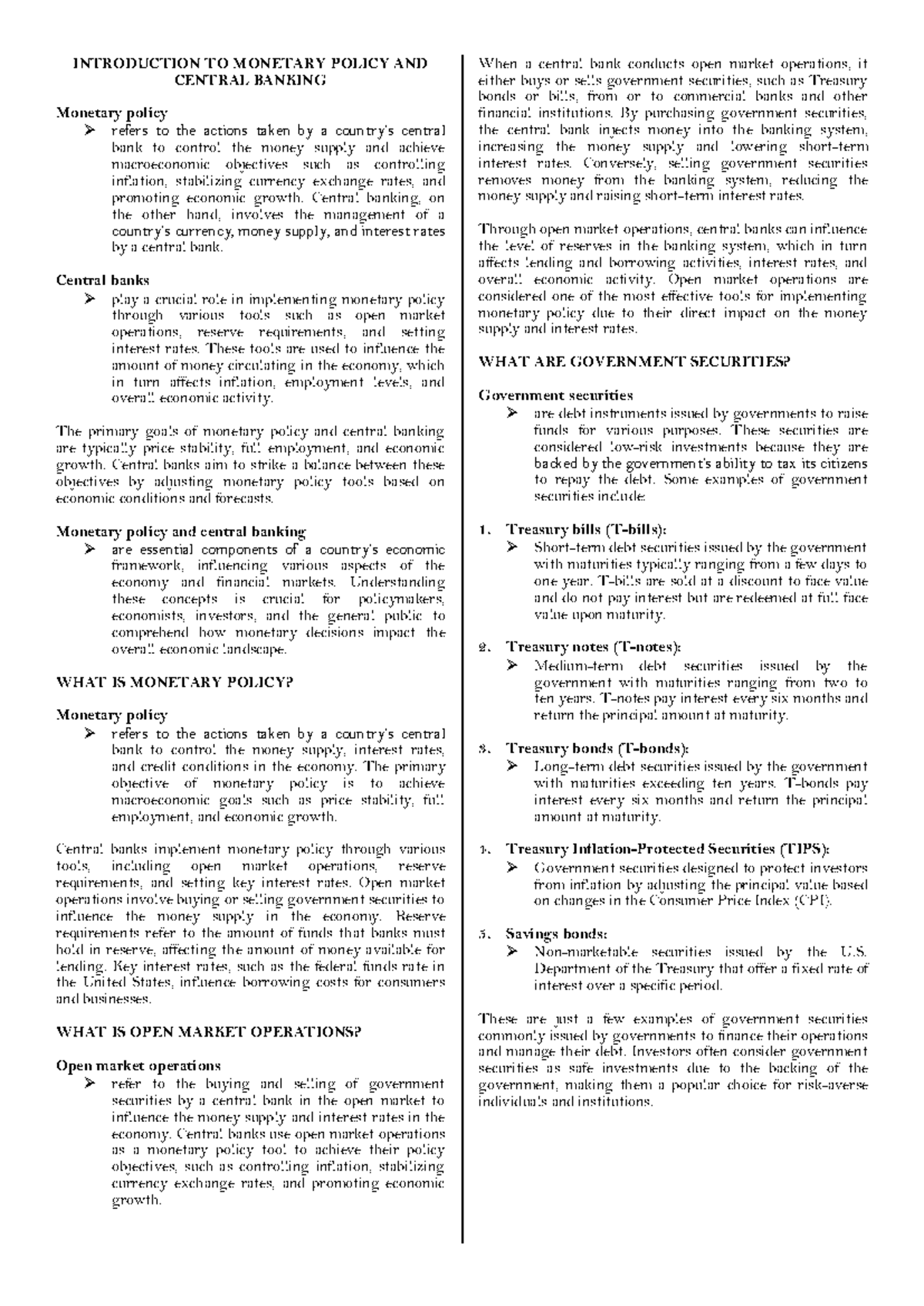 MITW - Monetary Policy & Central Banking Overview Notes - Studocu
