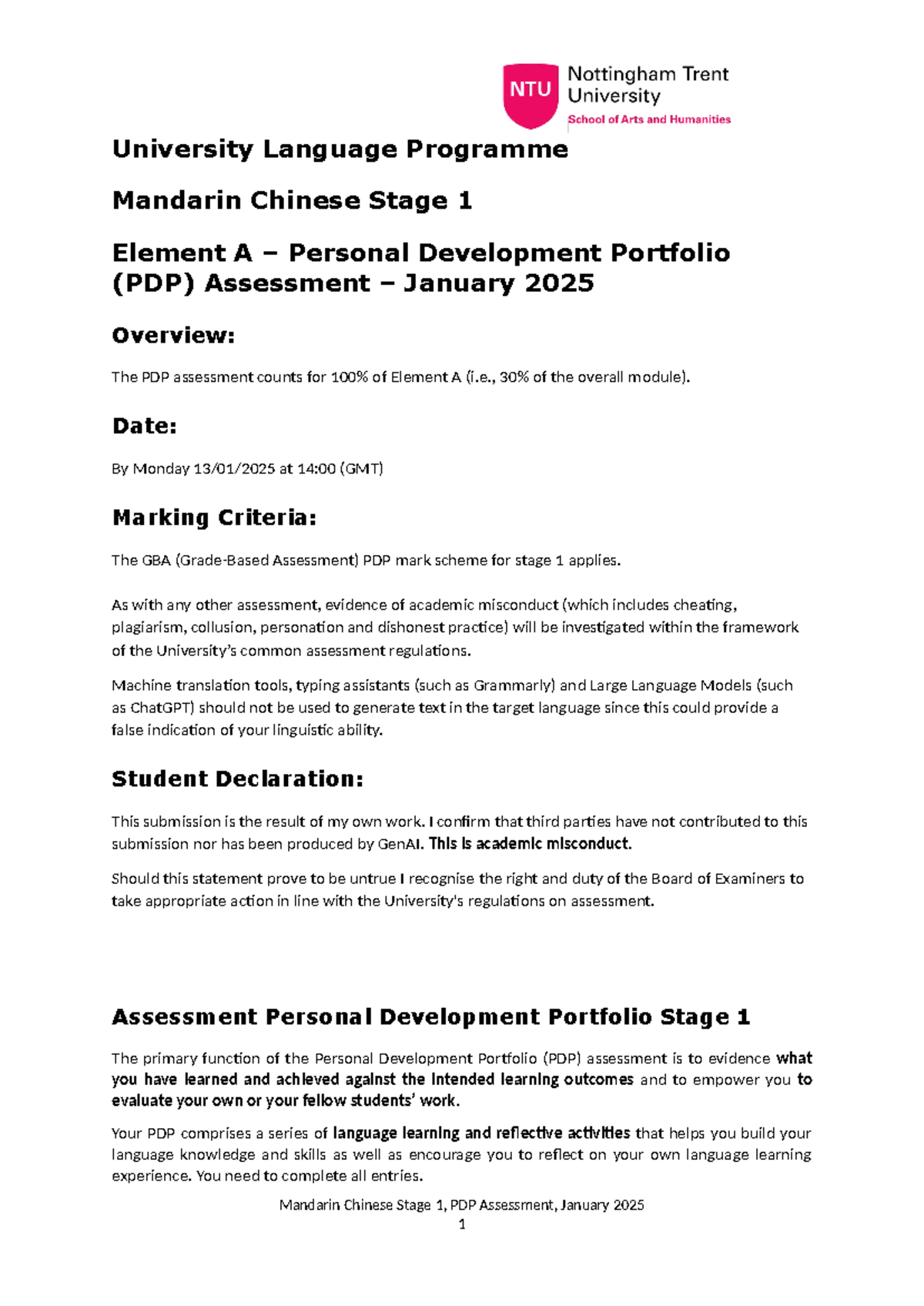 M1 PDP Brief - requirements for the pdp - University Language Programme ...