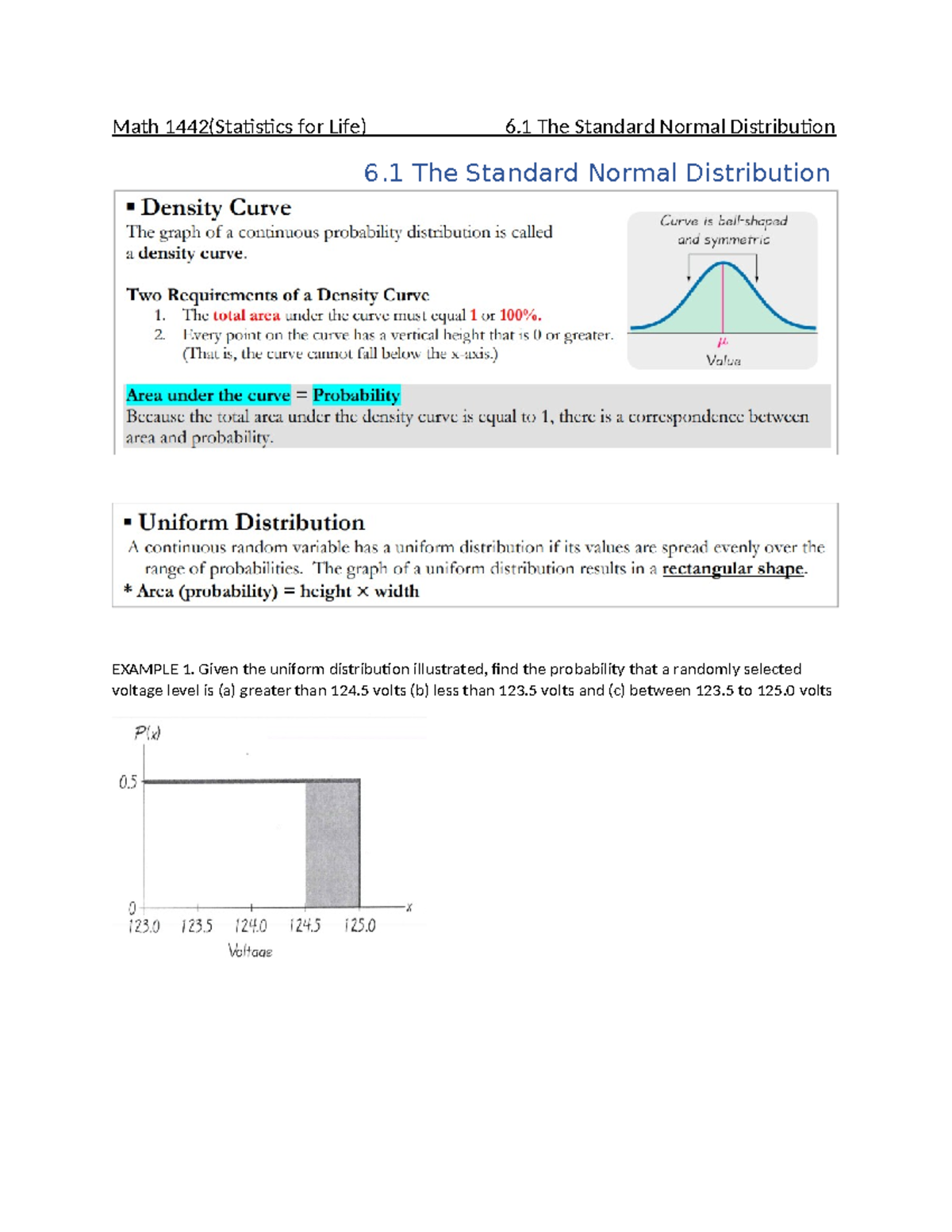 Math 1442 Final Exam Notes: Standard Normal Distribution 6.1 - Studocu
