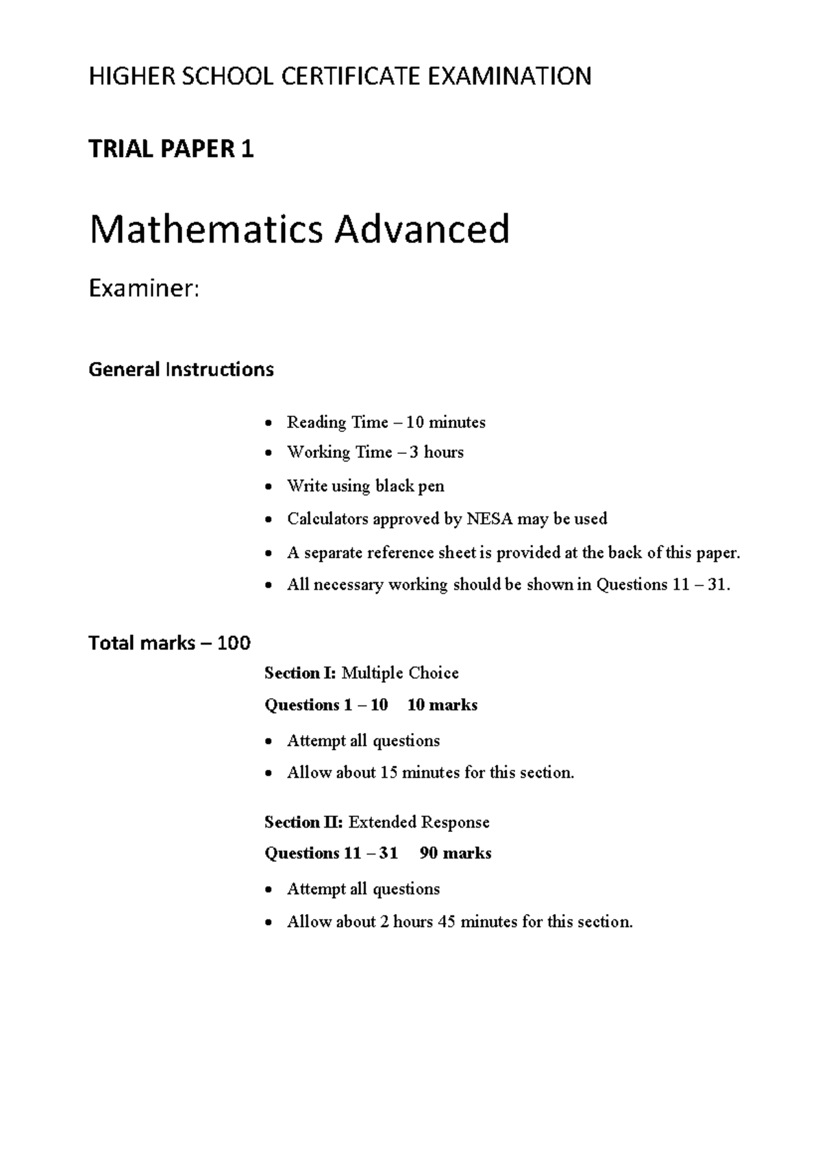 Trial Paper 1: Year 12 Mathematics Advanced (HSC Exam) - Studocu