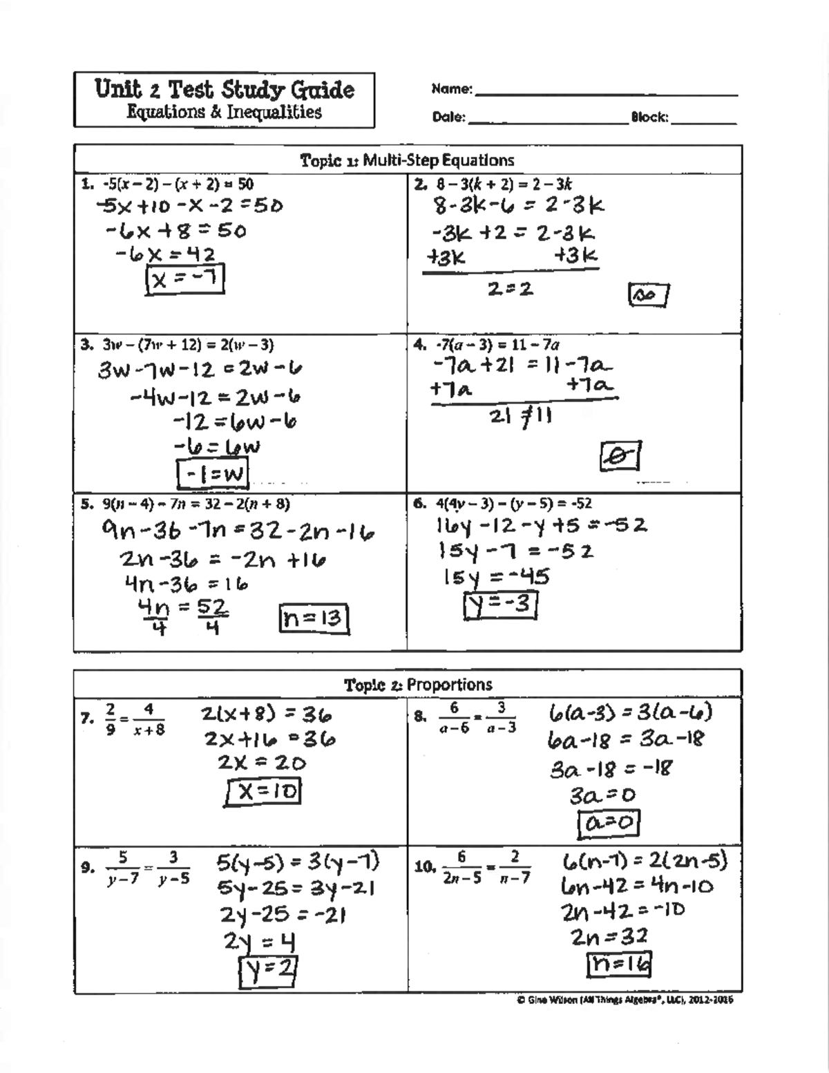 Unit 2 Test Study Guide: Equations & Inequalities Answers - Studocu