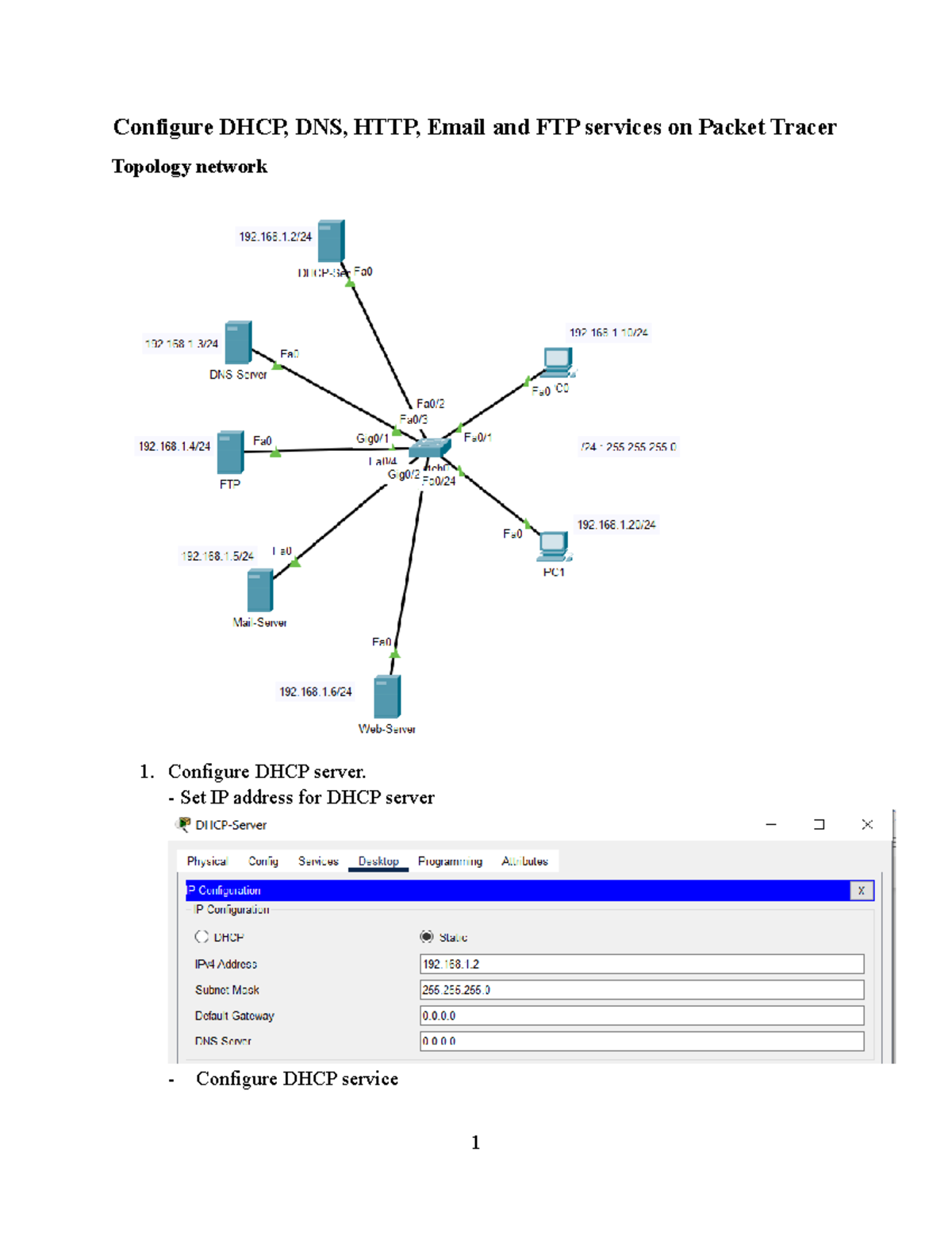 Configure DHCP, DNS, Email, FTP & HTTP Services on Packet Tracer - Studocu