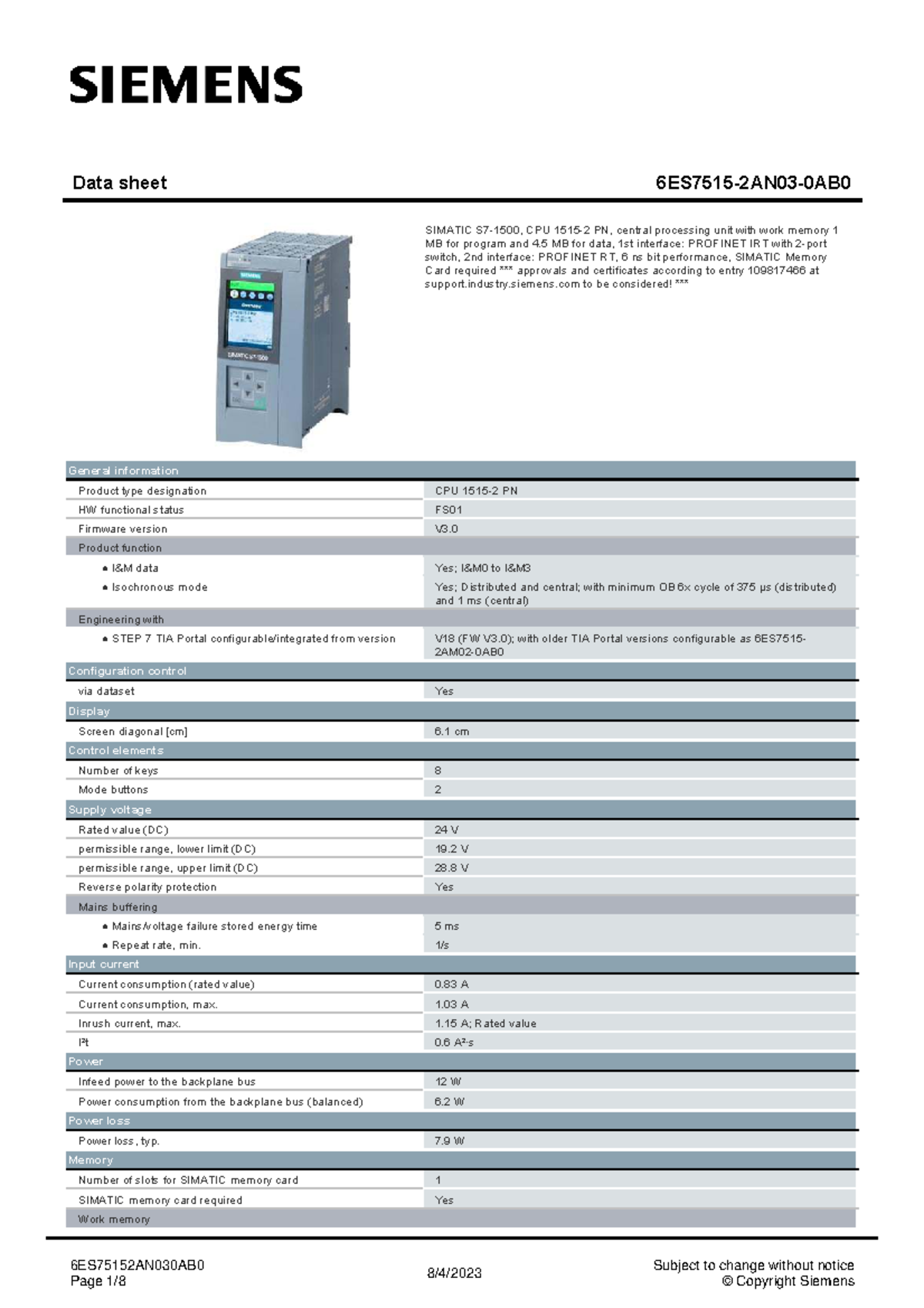 SIMATIC CPU PN Data Sheet - 1 MB Program Memory, 4.5 MB Data - Studocu