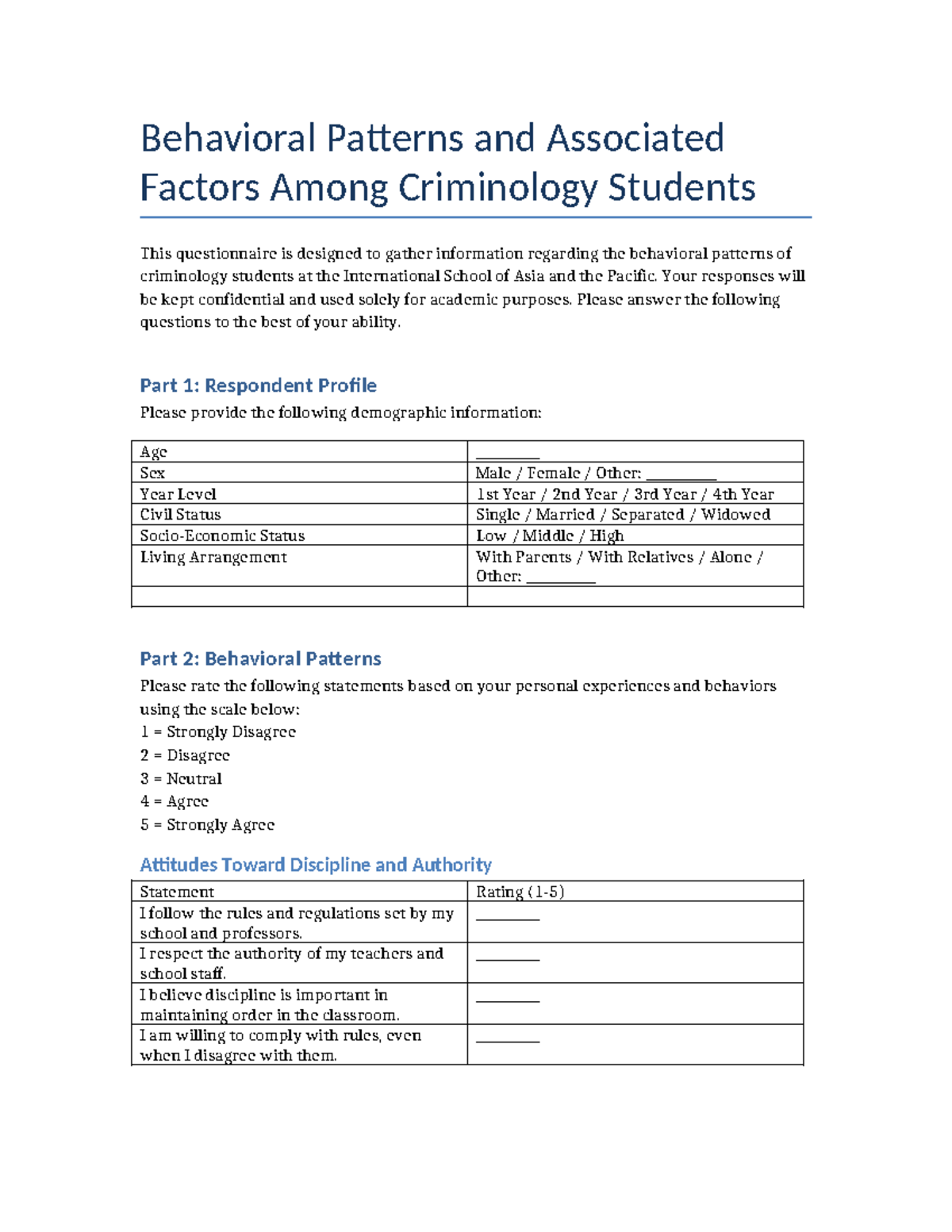 Behavioral Patterns Questionnaire - Behavioral Patterns and Associated ...