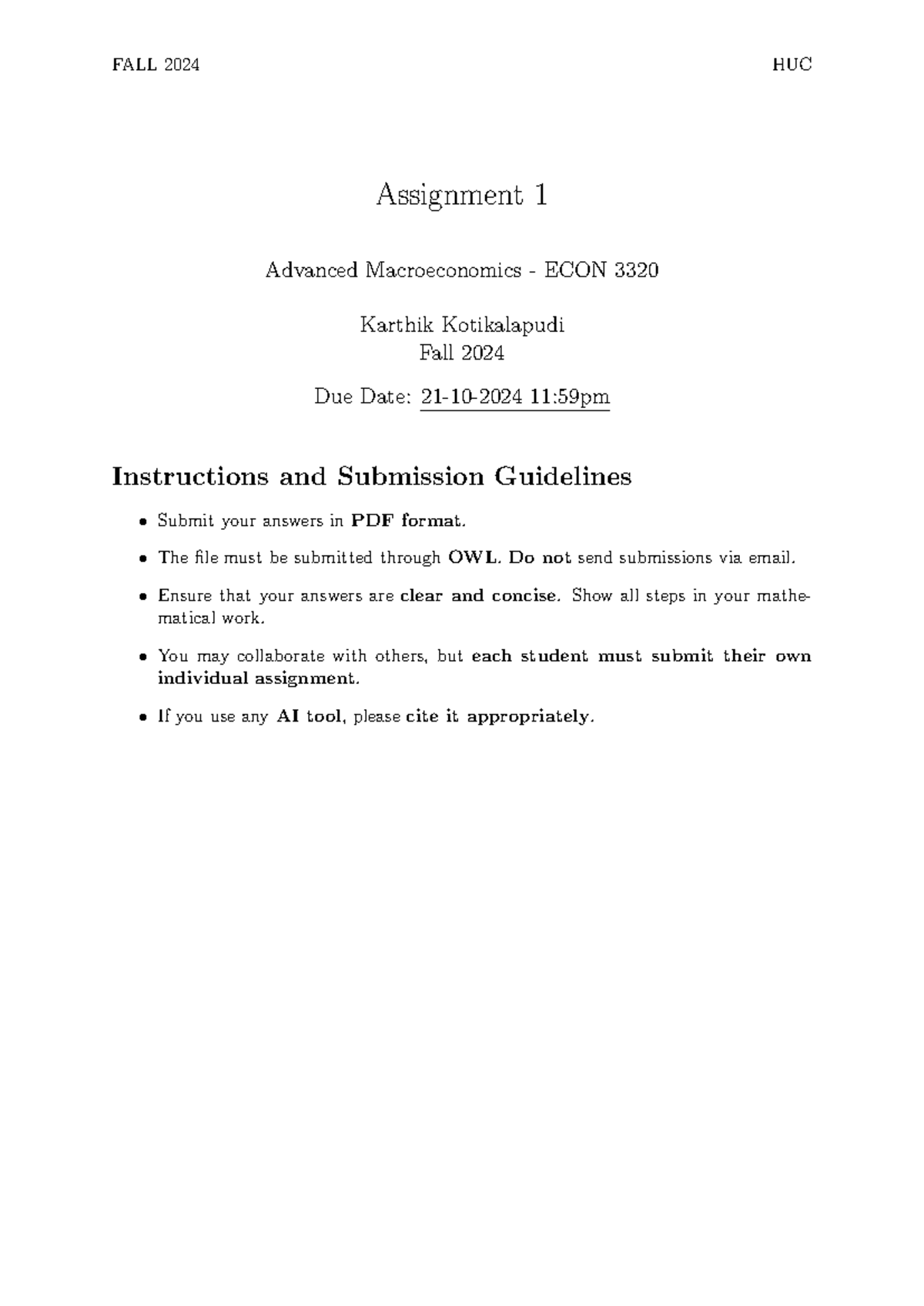 ECON 3320 - Advanced Macroeconomics Midterm Assignment 1 - Fall 2024 ...