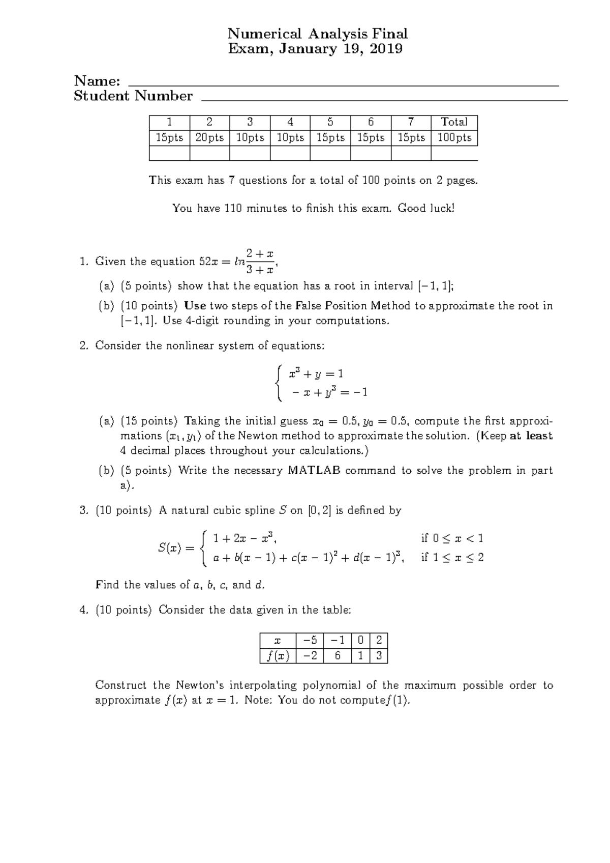 Numerical Analysis (MATH 301) Final Exam - January 2019 - Studocu