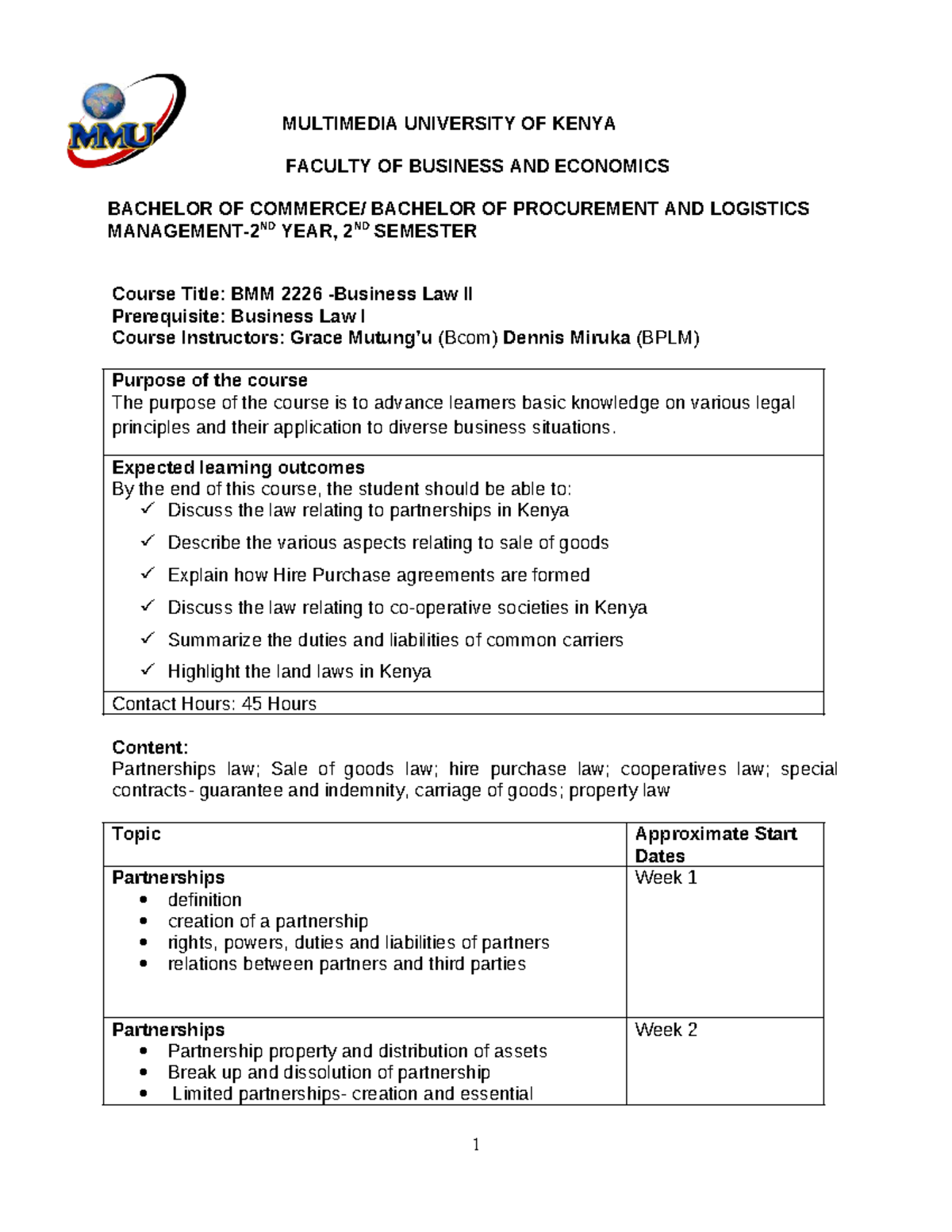 BMM 2226 - Business Law II Course Outline & Learning Outcomes - Studocu