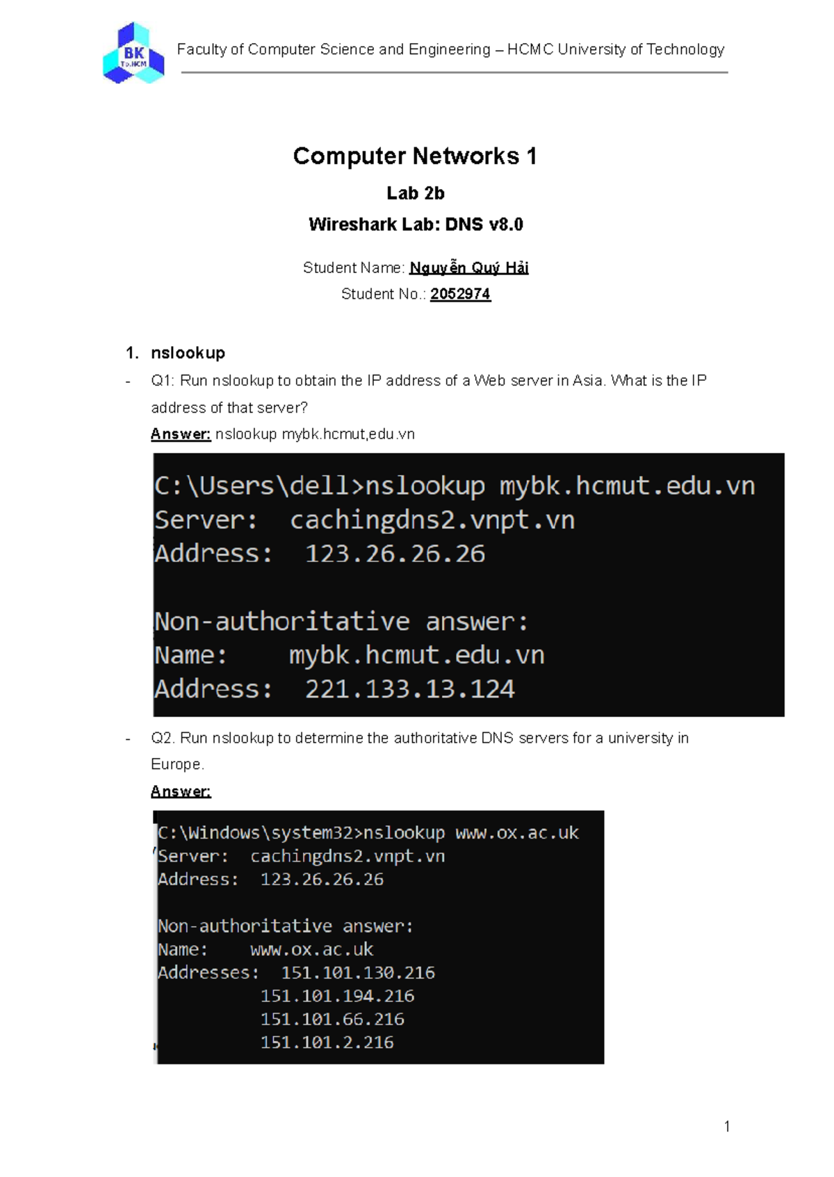 Computer Networks 1 Lab 2b: Wireshark DNS Analysis (2052974) - Studocu