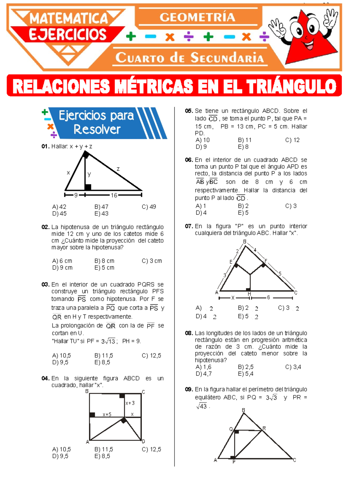 Ejercicios de Relaciones Métricas en Triángulos - 4to Grado de Secundaria - Document Preview