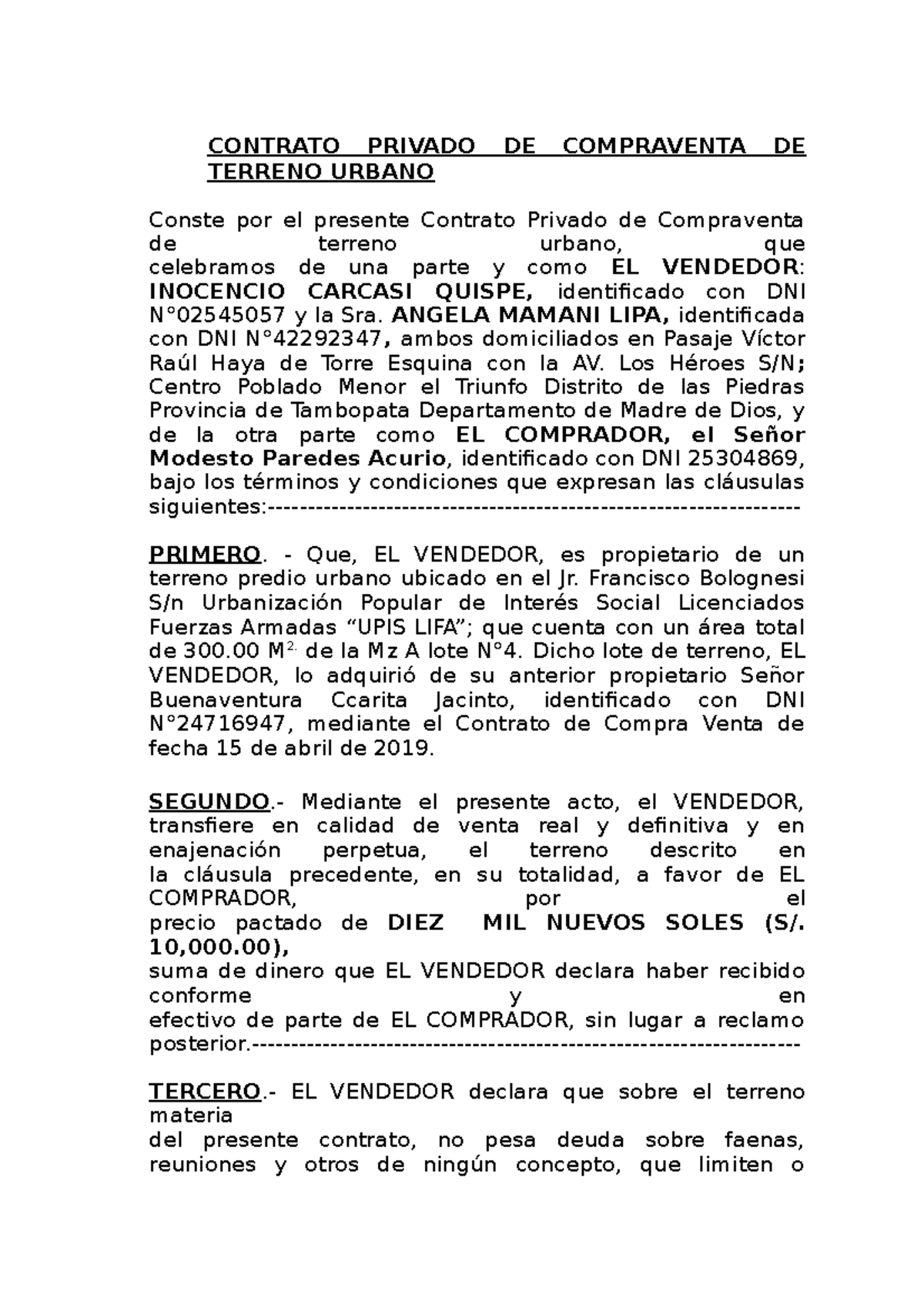 Contrato de Compraventa de Terreno Urbano - Ninuguna - Document Preview