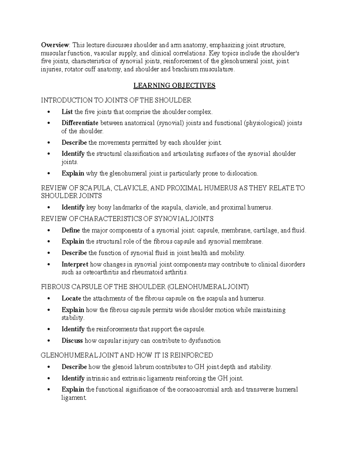 AHS 3415 8415 - Comprehensive Lecture Notes on Shoulder Anatomy and ...