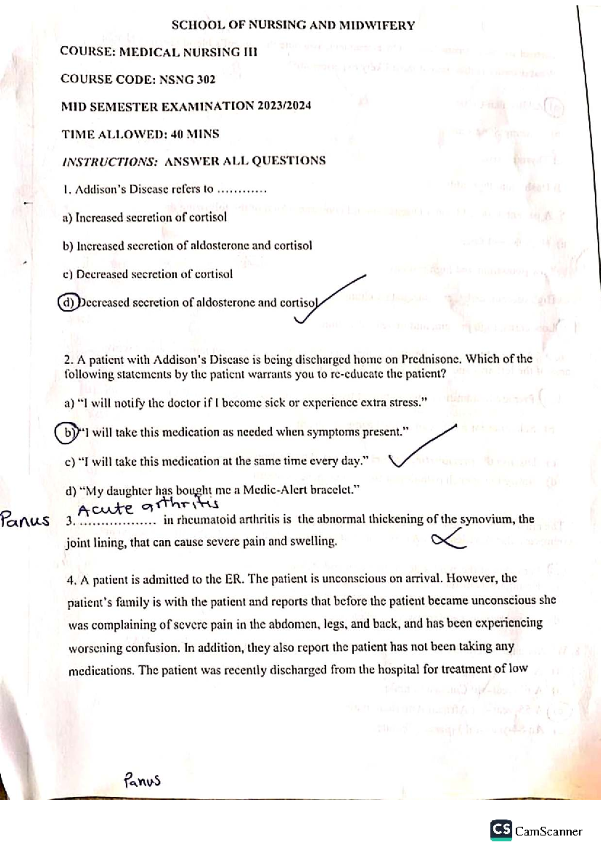 NSNG 302 Medical Nursing Mid Semester Exam Study Guide - Studocu