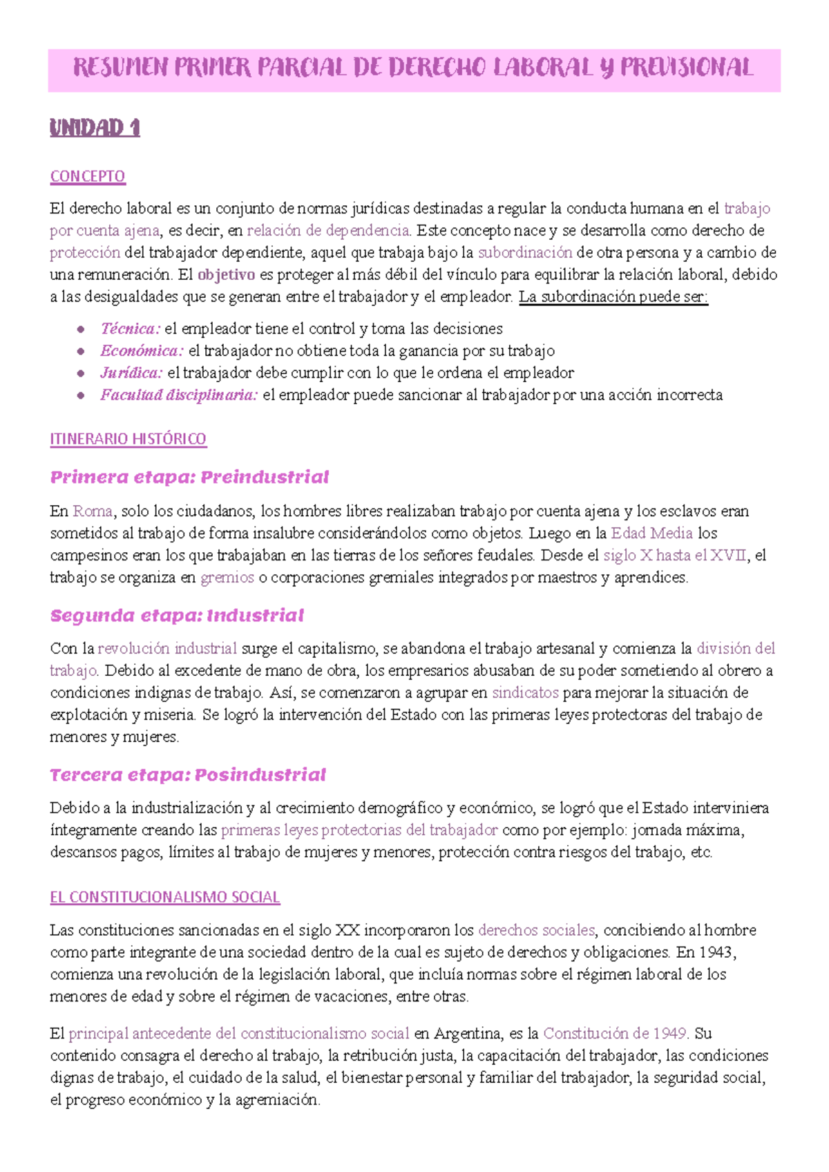 Resumen Primer Parcial DL Derecho Laboral y Previsional - Studocu