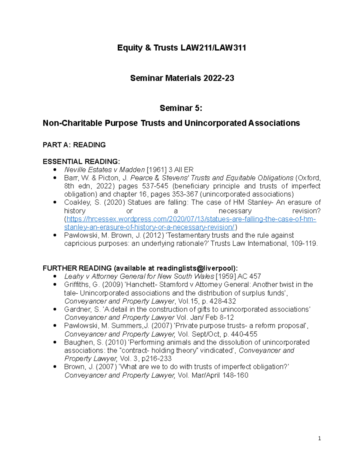 Seminar 5 questions Non Charitable Purpose Trusts and Unincorporated ...