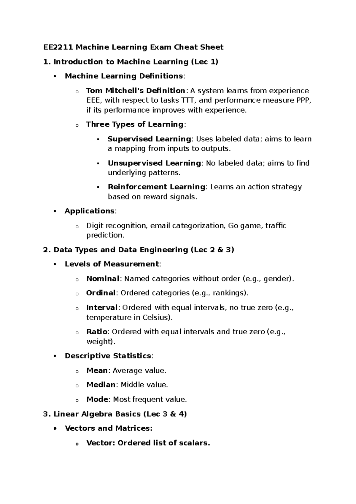 EE2211 Midterm Machine Learning Exam Cheat Sheet Guide - Studocu