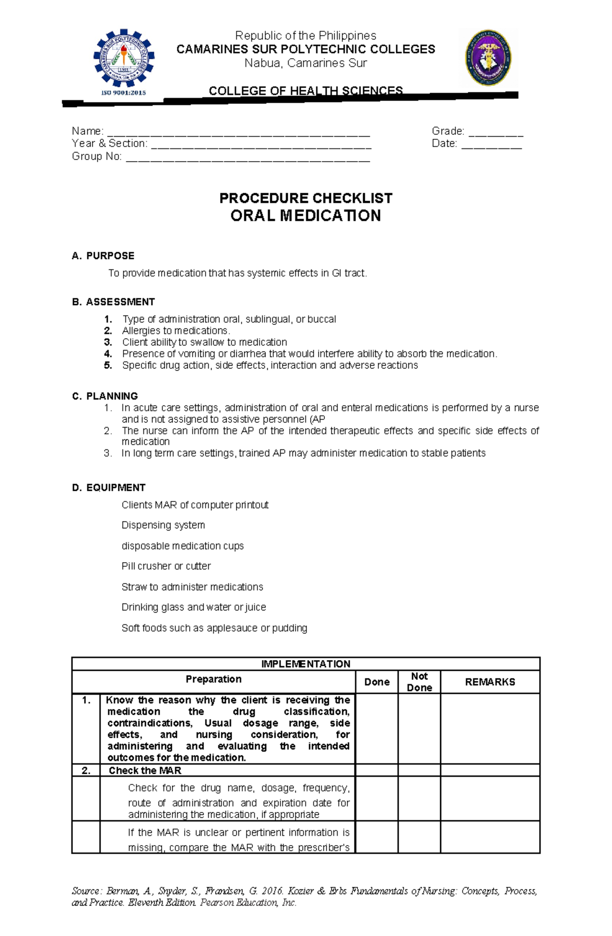 NCM 103 Procedure Checklist for Oral Medications - Studocu