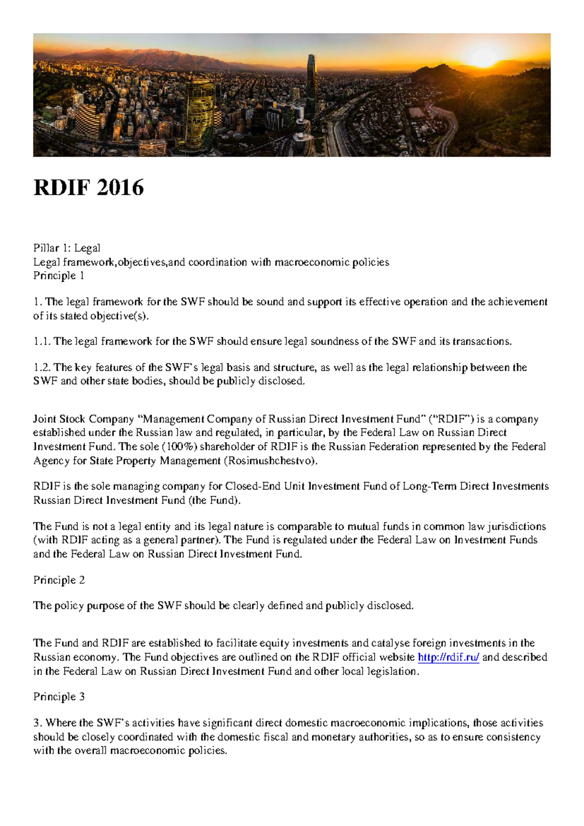 RDIF 2016: Legal Framework and Governance Principles for SWF - Studocu
