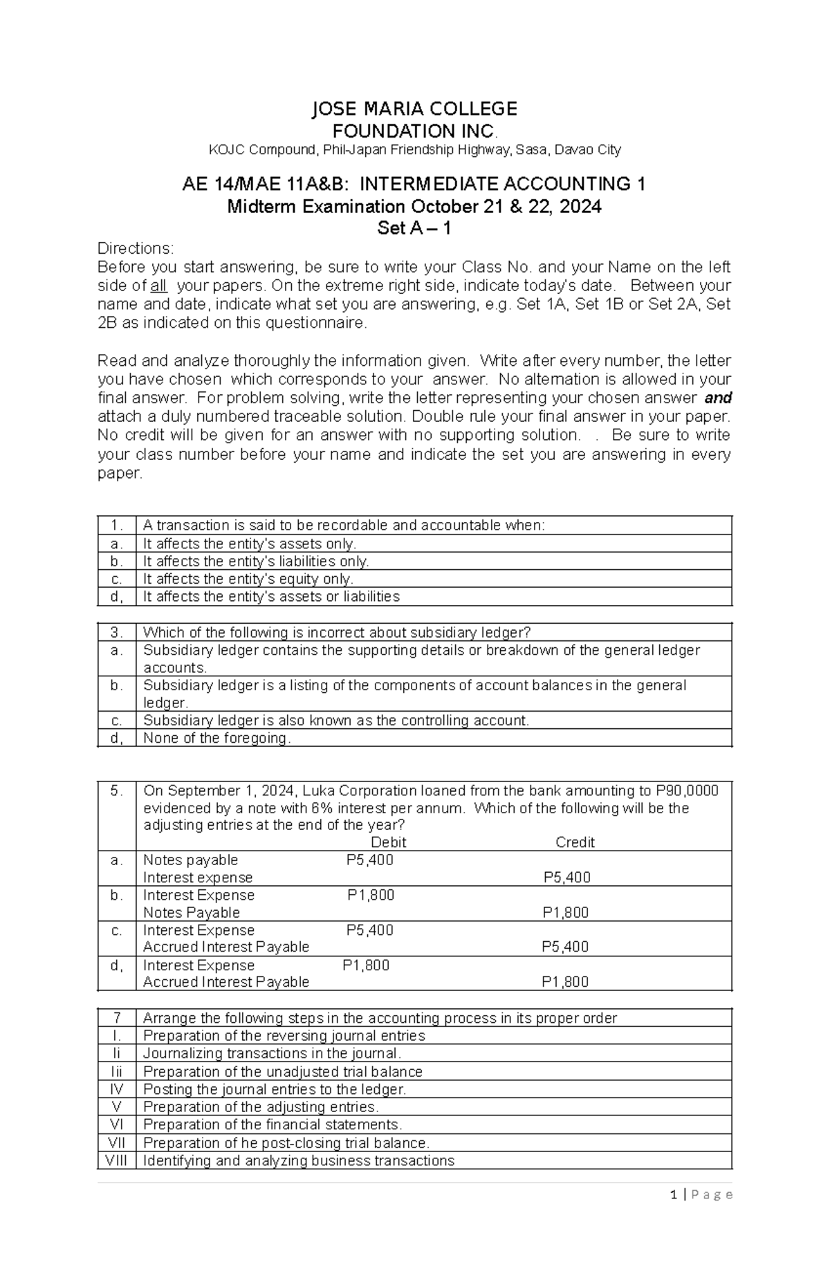 Intermediate Accounting 1 AE 14/MAE 11A&B Midterm Exam Set A1 - Studocu