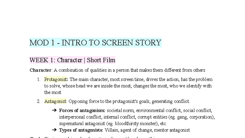 MOD 1: Intro to Screen Story - Week 1 Character Development Notes - Studocu