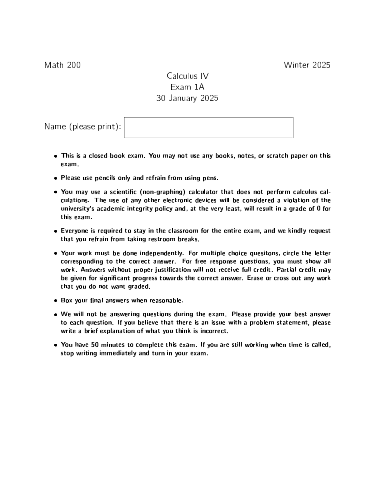 Math 200 Winter 2025 Calculus IV Exam 1A Solutions - Studocu