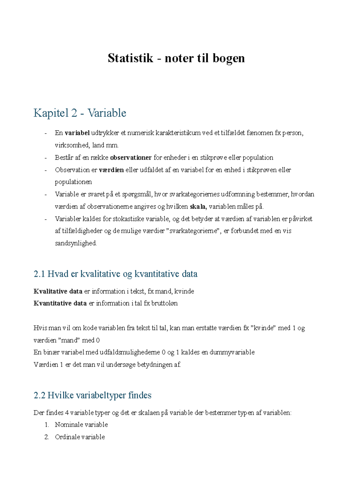 Statistik Noter til Bogen - Kapitel 2: Variable og Data Typer - Studocu