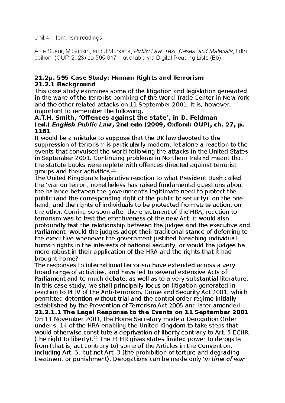 Unit 4 - Case Study: Human Rights and Terrorism (Public Law) - Studocu