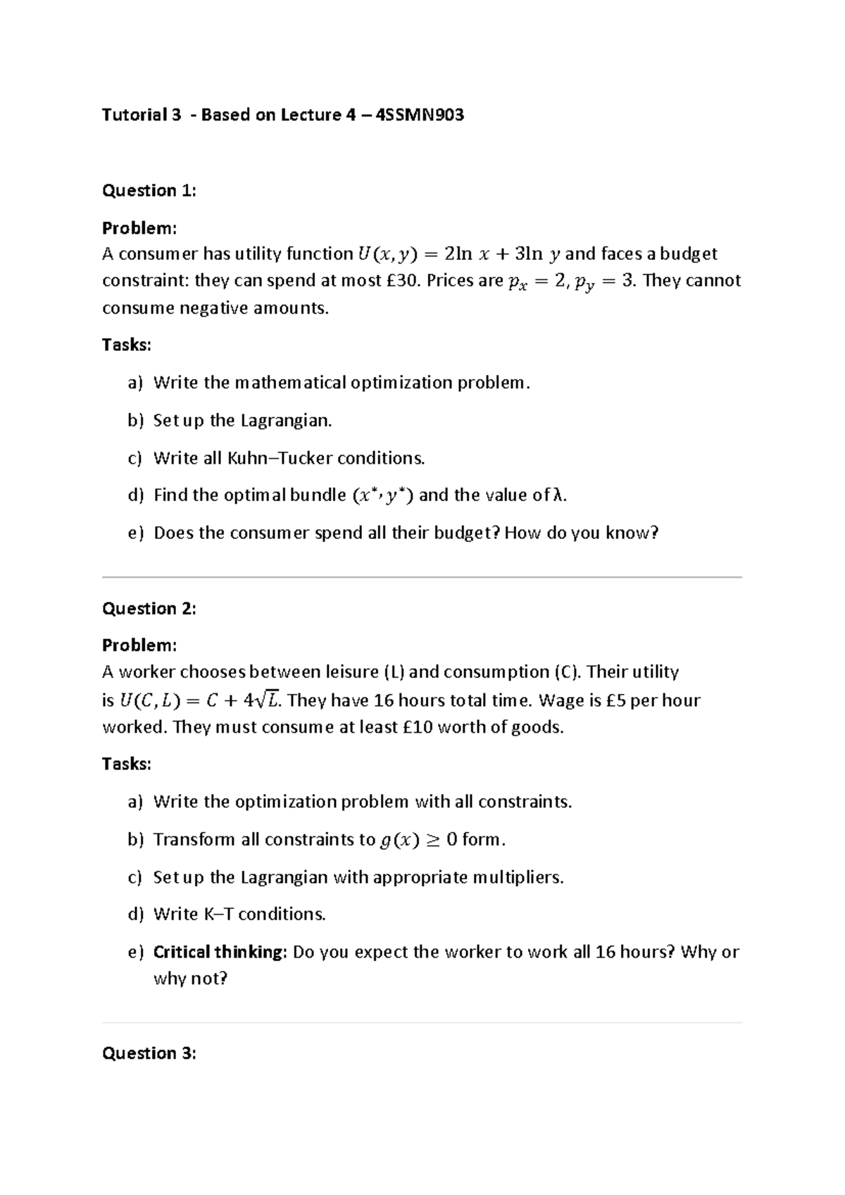 Tutorial 3 4SSMN903 - Optimization Problems and Economic ...