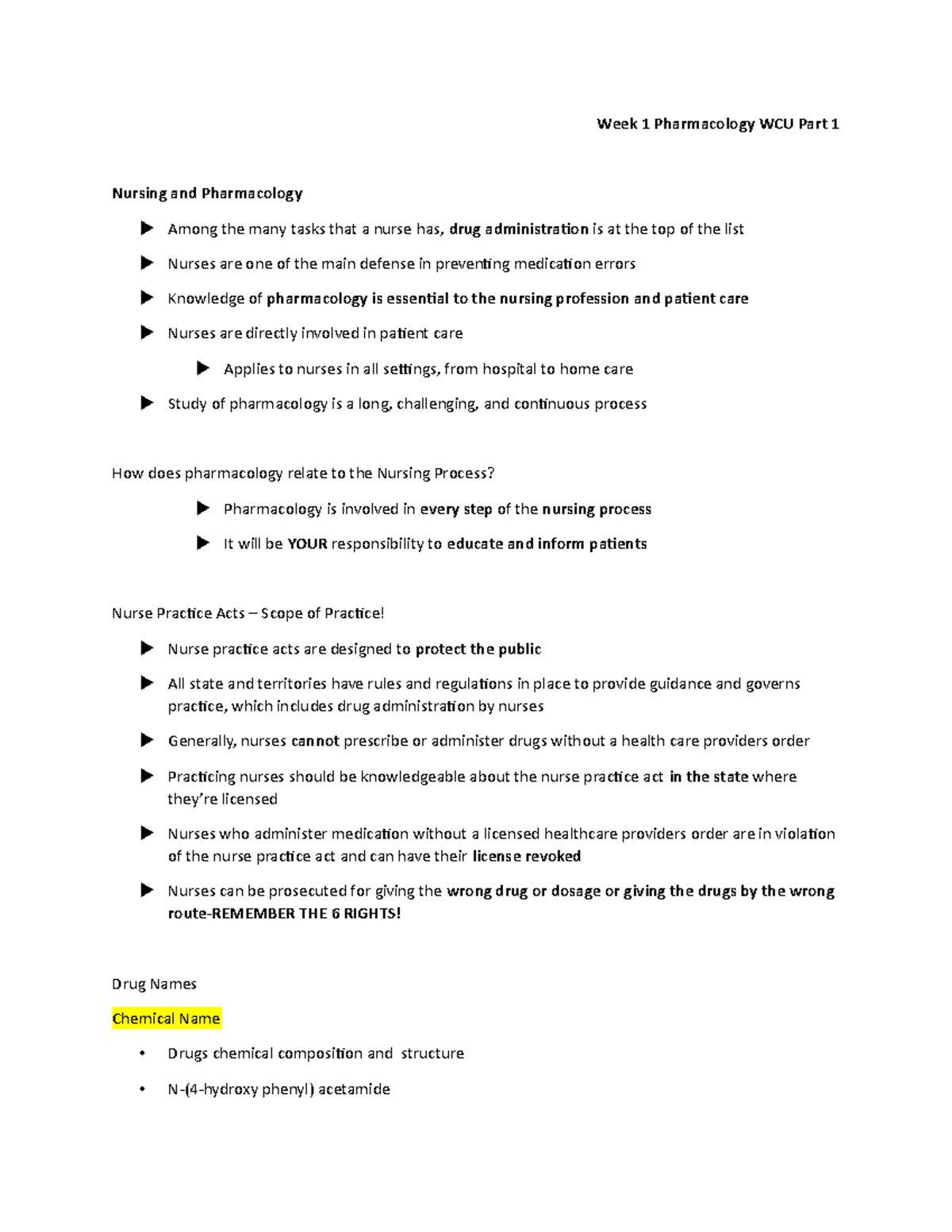 Week 1 Pharmacology Notes for Nursing (WCU) - Part 1 Summary - Studocu