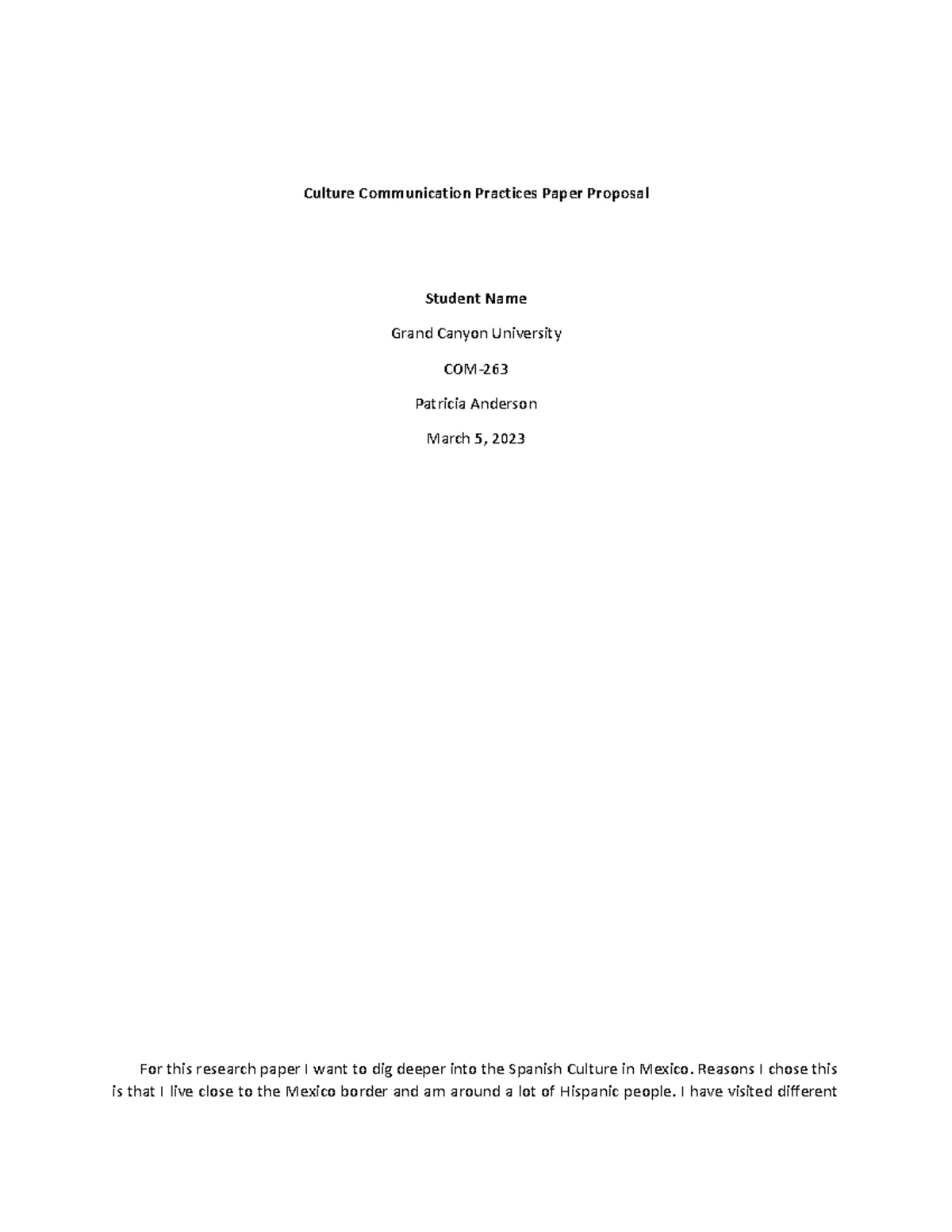 Cultural Communication Practices Proposal - COM-263-TR900A - Studocu
