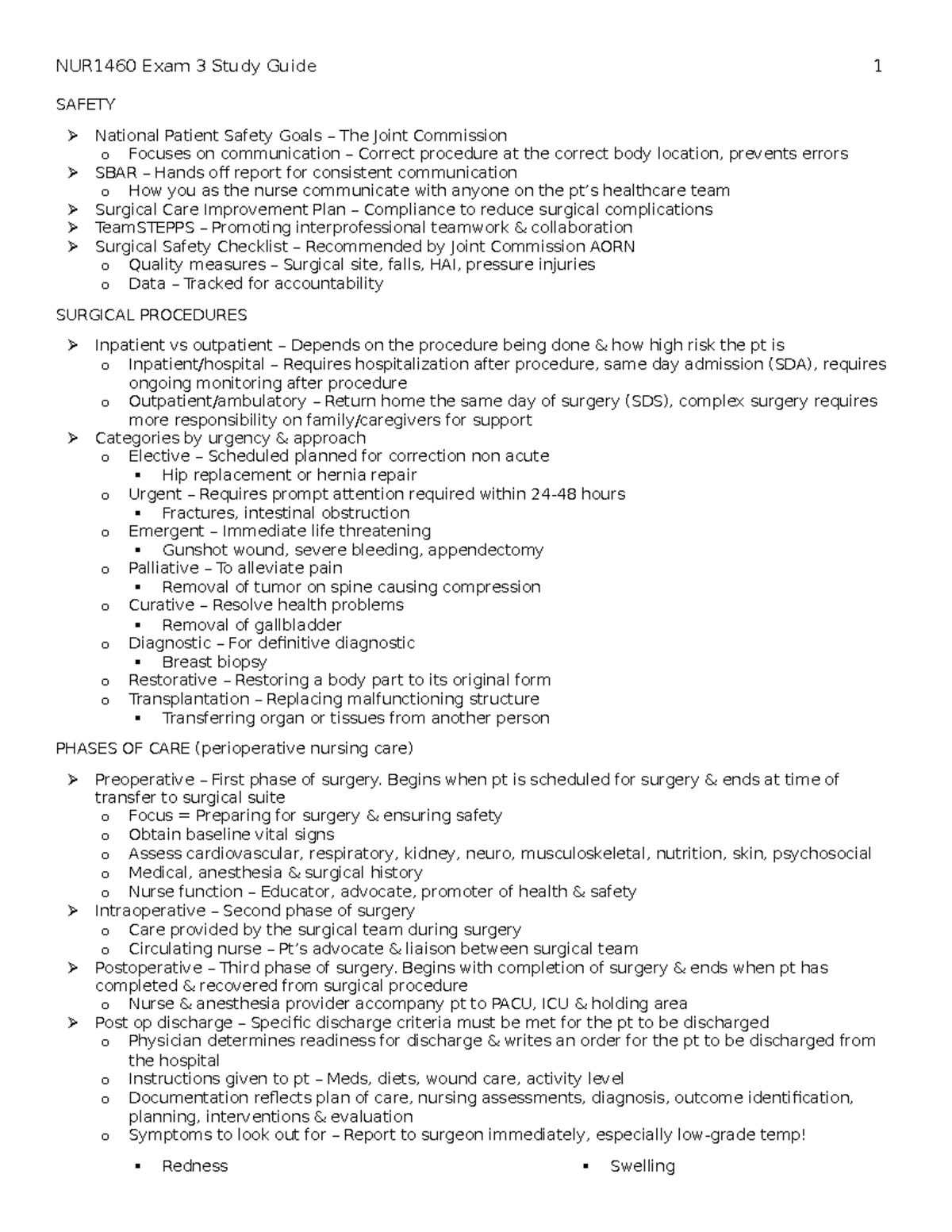 NUR1460 Exam 3 Study Guide: Key Concepts in Surgical Safety and Care ...