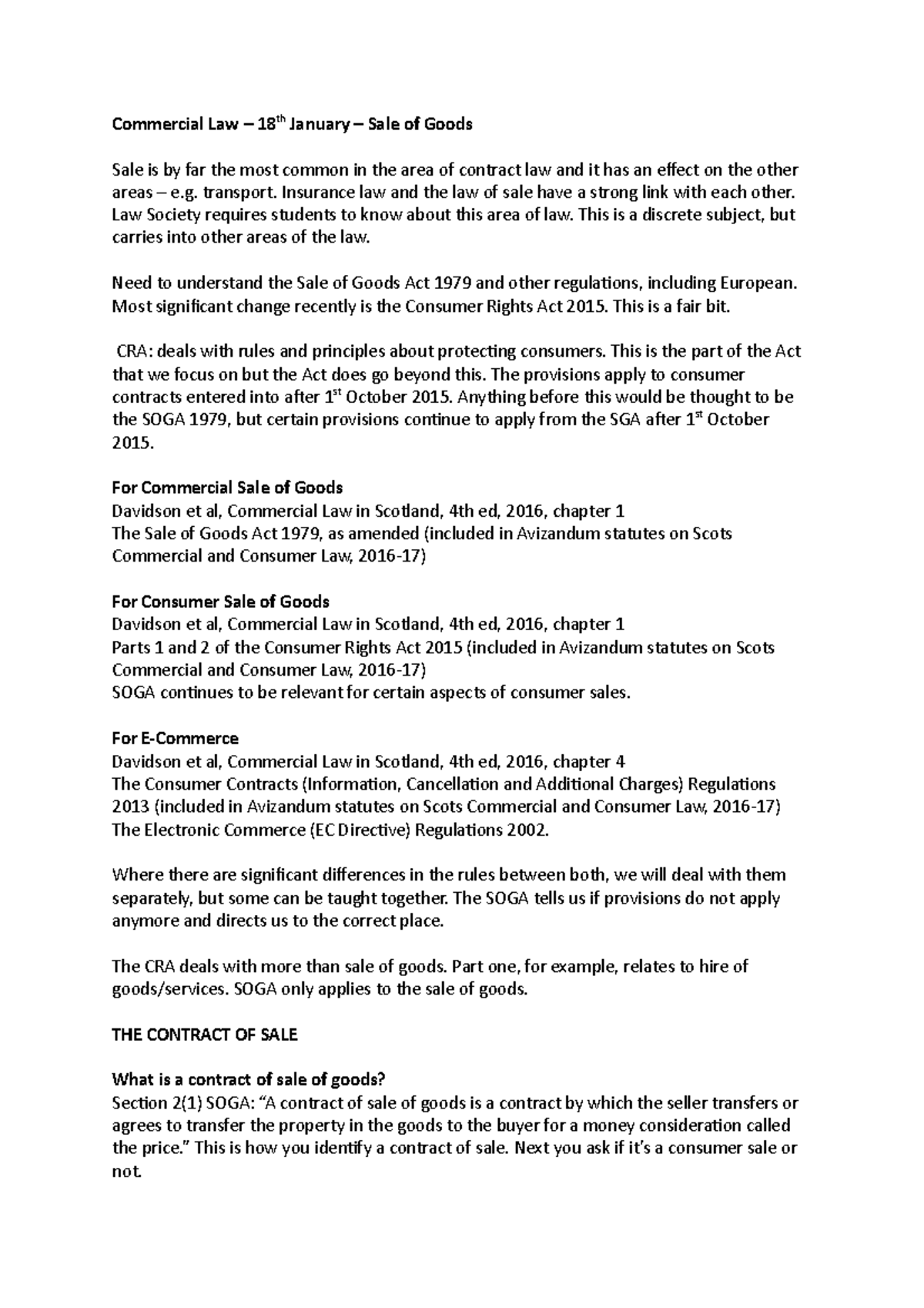 Commercial Law - Lecture Notes on Sale of Goods and Consumer Rights ...