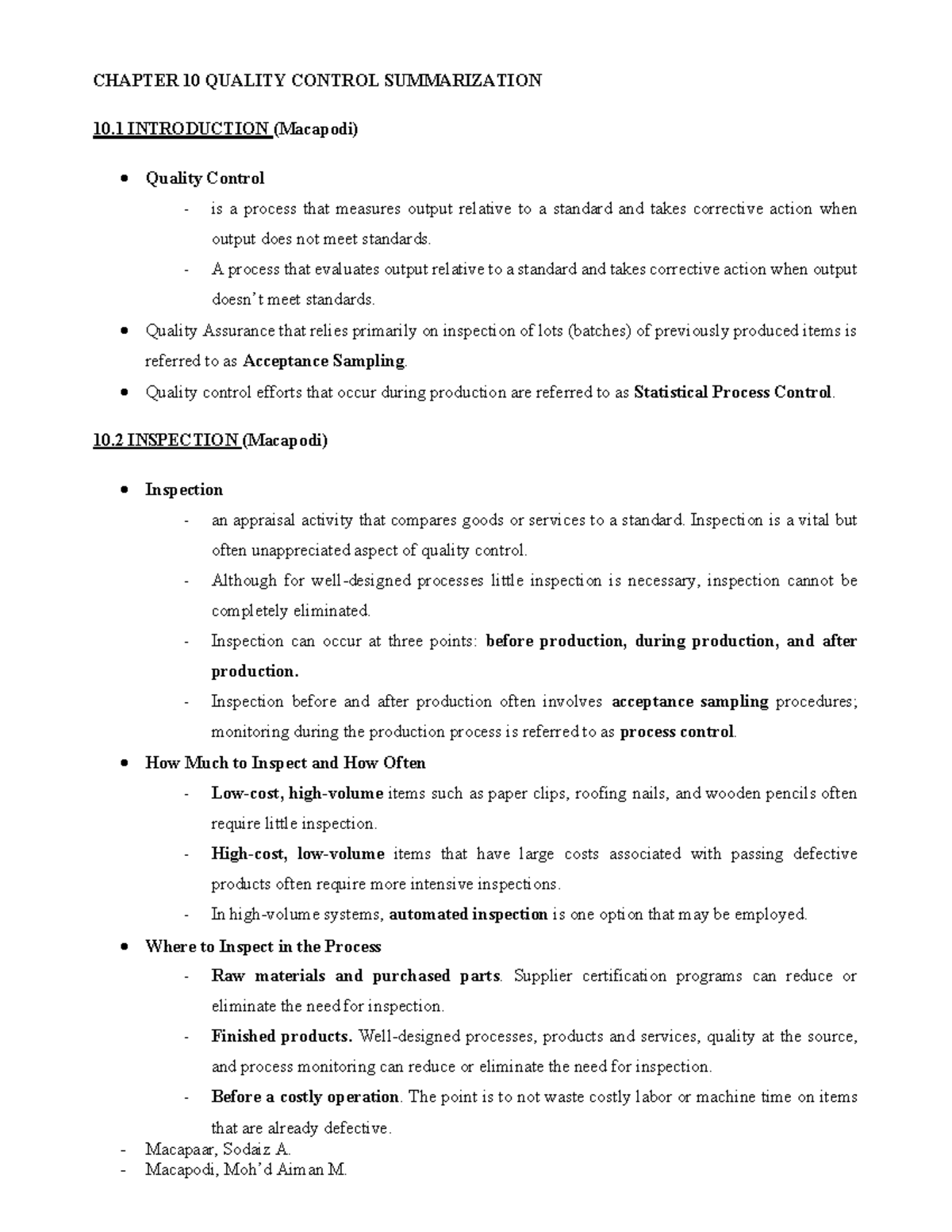 CHAPTER 10 QUALITY CONTROL: INSPECTION & STATISTICAL PROCESS CONTROL ...