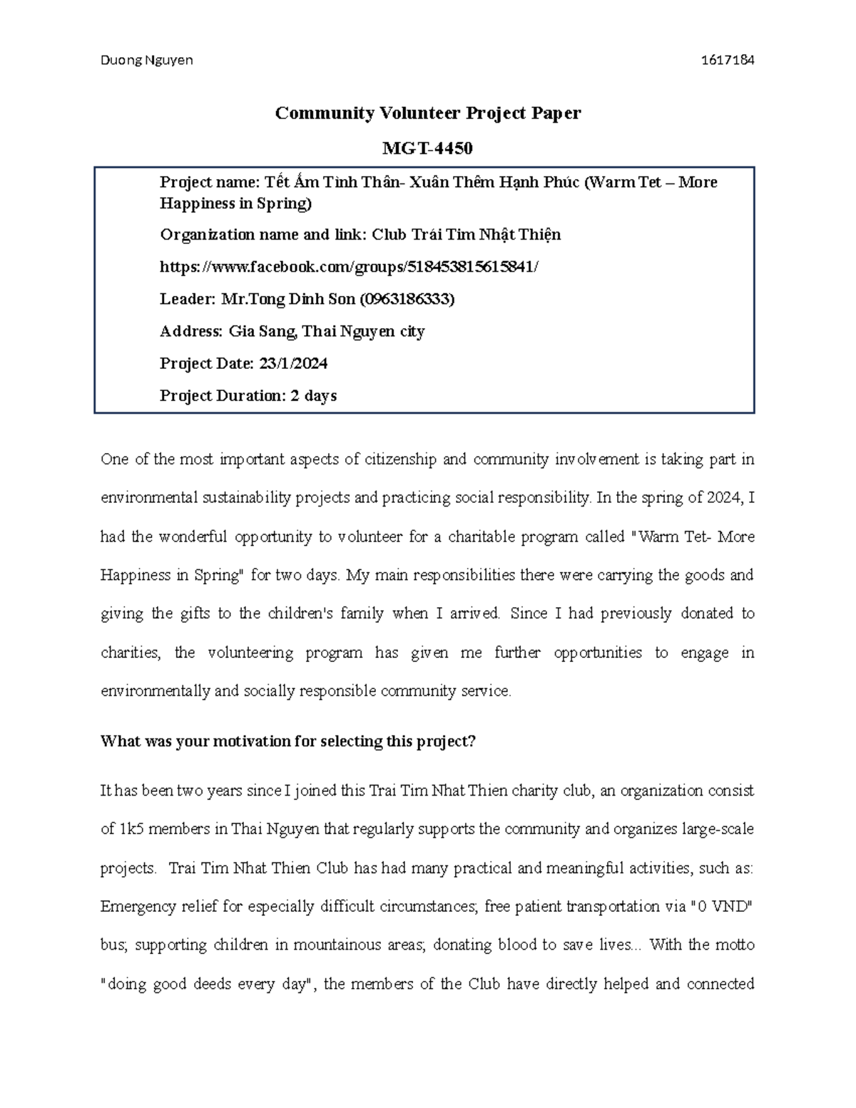 Community Volunteer Project Paper - Community Volunteer Project Paper ...
