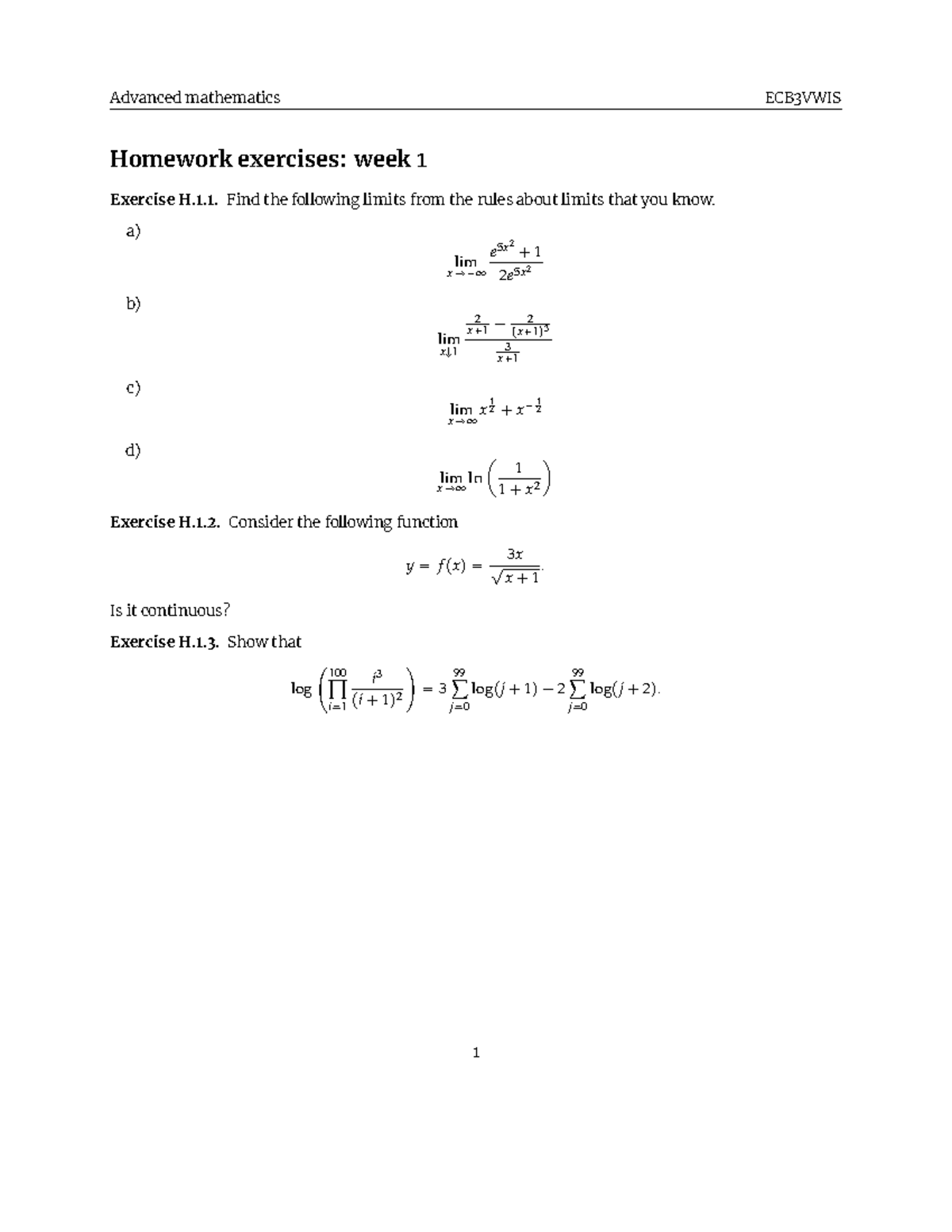 HW1 - Advanced Maths - Advanced mathematics ECB3VWIS Homework exercises ...