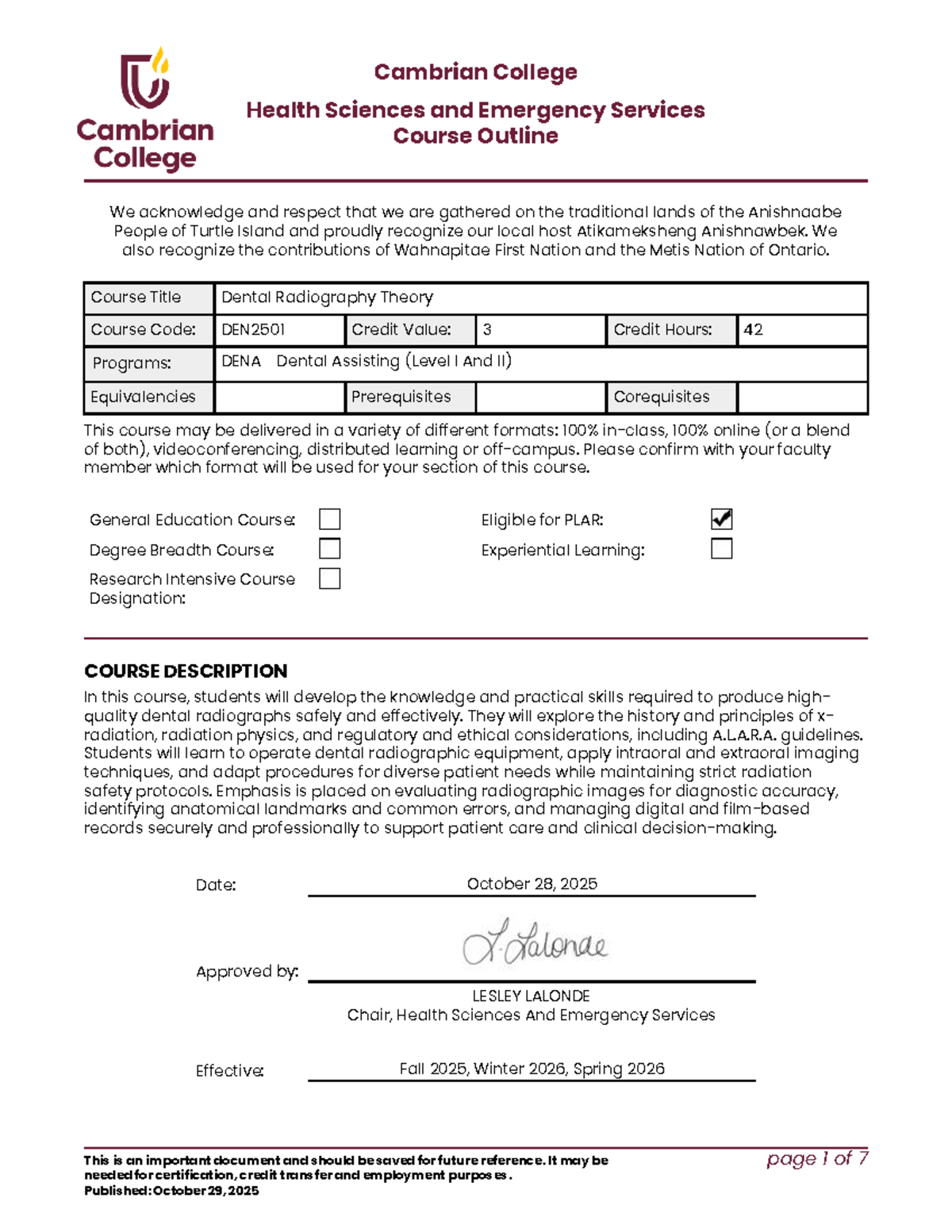 DEN2501 - Dental Radiography Theory Course Outline - Studocu